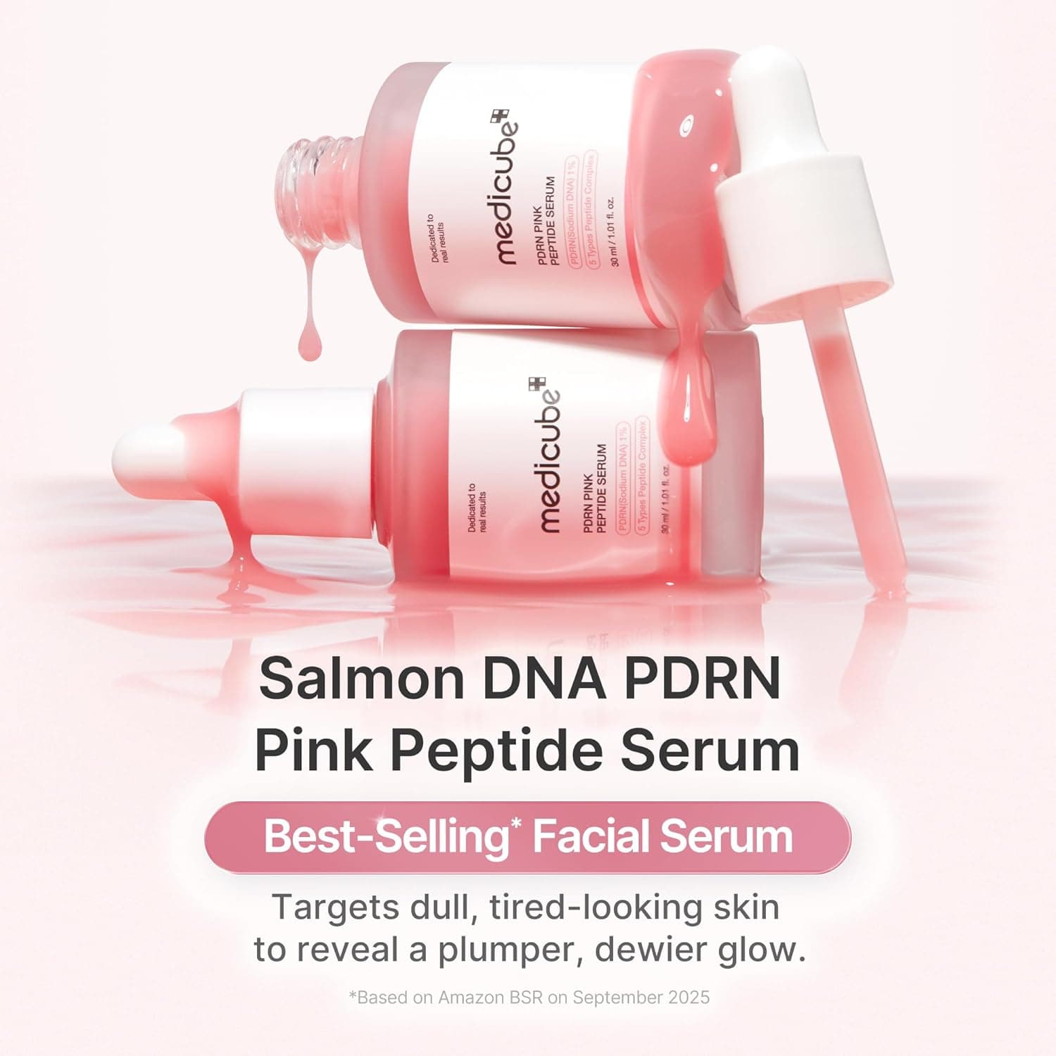 سرم medicube Salmon DNA PDRN Pink Peptide – سرم درخشش صورتی با پپتید، نیاцинامید و فرمول آبرسان، مرطوب‌کننده و سفت‌کننده پوست. مناسب برای یکنواخت‌سازی رنگ پوست. محصول مراقبت پوستی کره‌ای. حجم 1.01 اونس (مدل Salmon DNA PDRN).