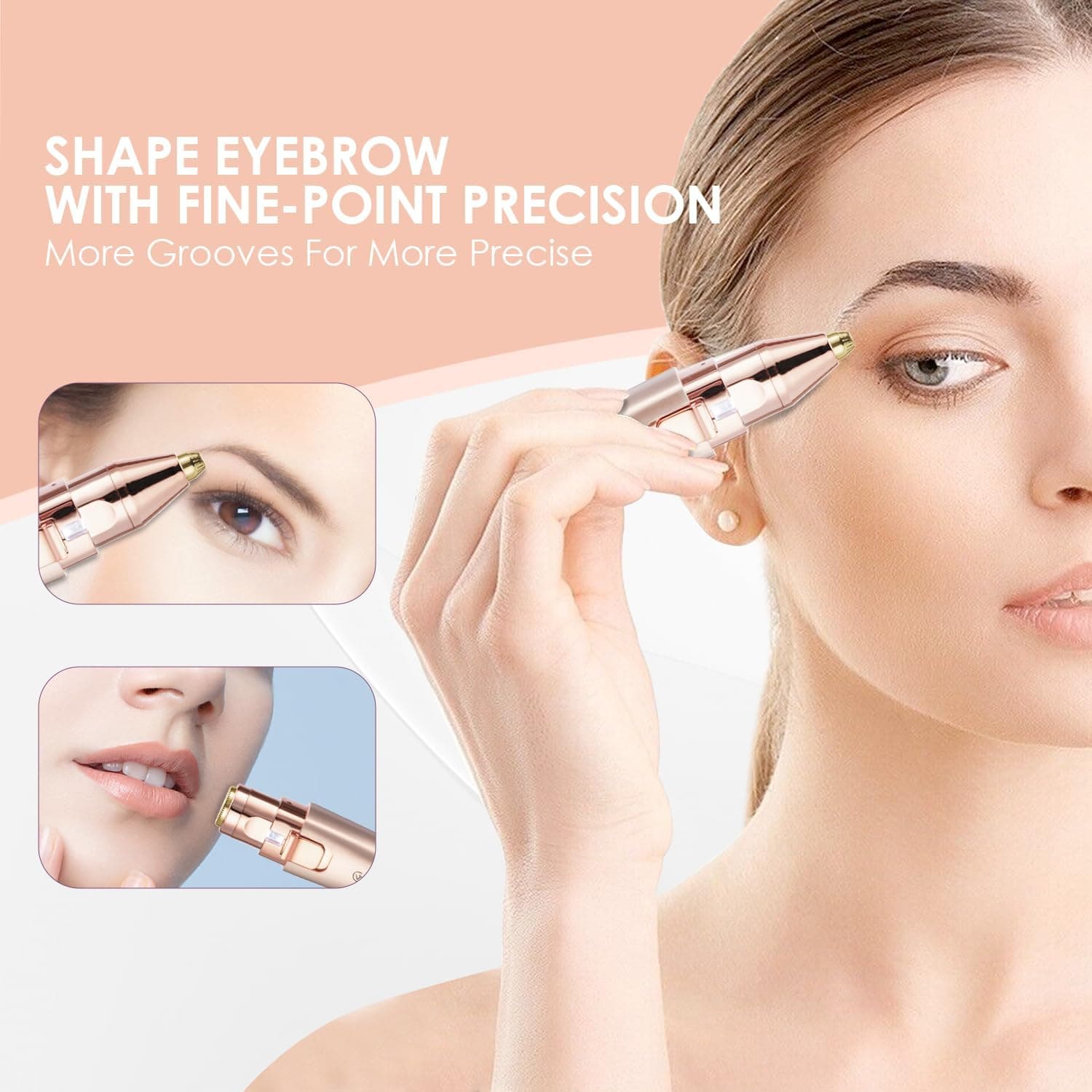 2-in-1 تریمر قابل شارژ ابرو و دستگاه اصلاح موهای زائد صورت بانوان – شامل ابرو تراش و موزن صورت برای حذف موهای ابرو، لب، بینی و بدن. مناسب برای بانوان، دارای چراغ داخلی LED و طراحی ظریف به رنگ رزگلد. 1292