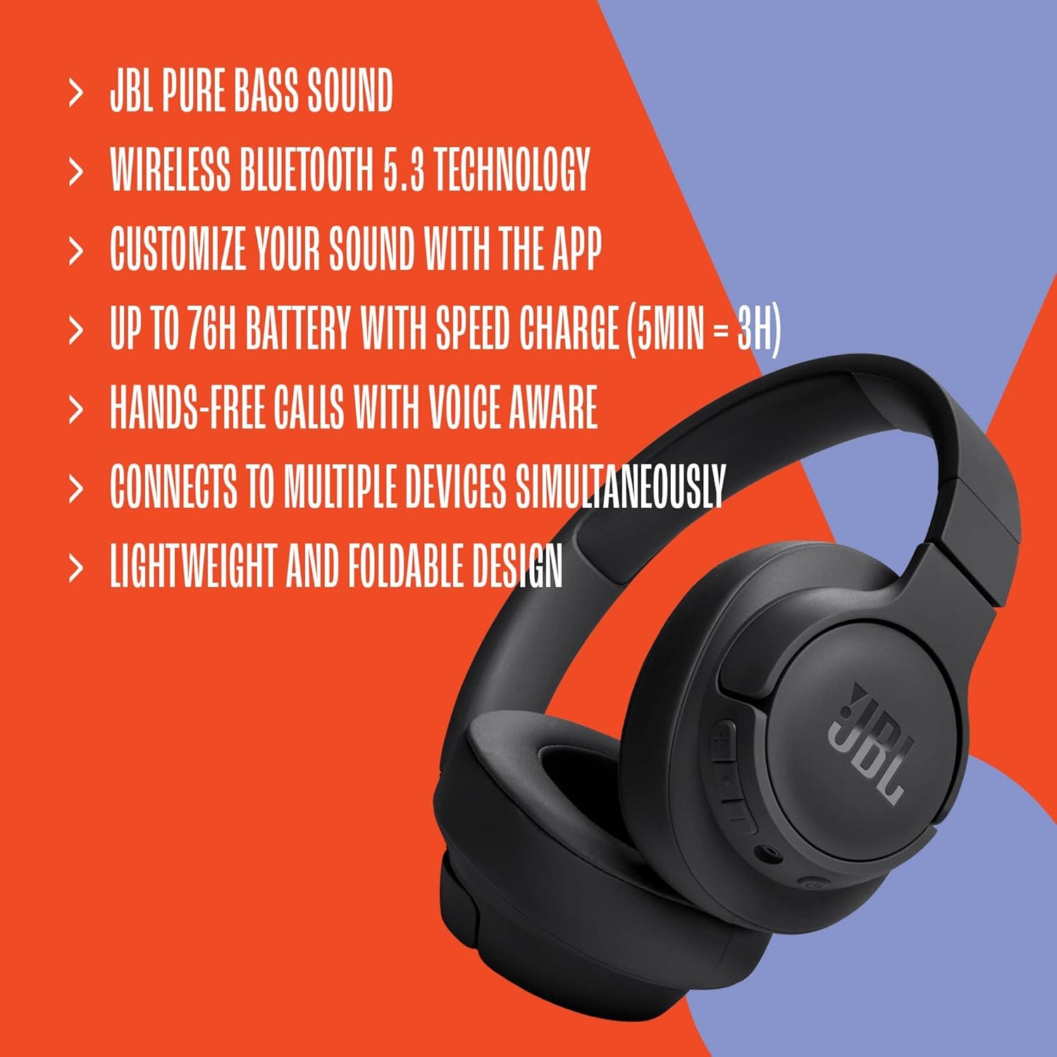 هدفون بی‌سیم JBL Tune 720BT – مدل دورگوشی (Over-Ear) با صدای Pure Bass، مجهز به Bluetooth 5.3، باتری با دوام تا ۷۶ ساعت، امکان تماس هندزفری، اتصال چندگانه (Multi-Point)، طراحی تاشو، به‌همراه کابل صوتی جداشدنی – رنگ مشکی، مدل JBLT720BTBLK. 1381