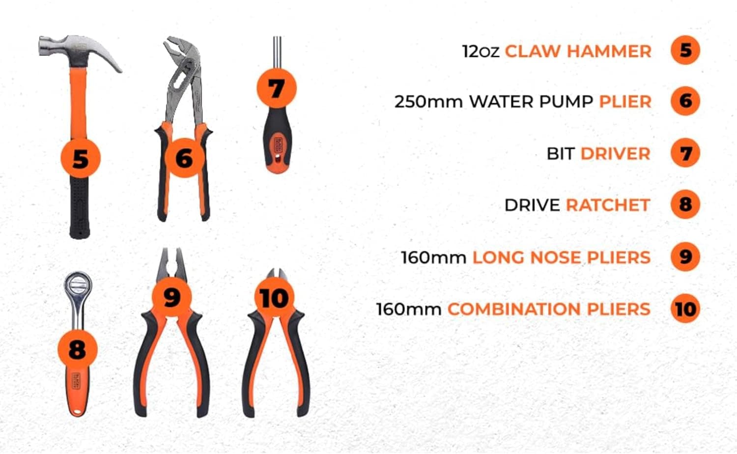 کیت ابزار دستی Black & Decker – شامل ۱۲۶ قطعه در جعبه ابزار، مناسب برای استفاده خانگی، DIY و حرفه‌ای، رنگ نارنجی/مشکی، مدل BMT126C، با ۲ سال گارانتی. 1486