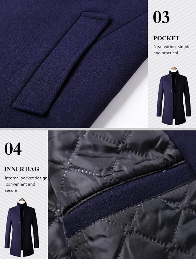 کت بلند زمستانی مردانه Lavnis از جنس ترکیبی پشم – کت Pea باریک با جلوی دکمه‌دار تک‌سینه، مناسب برای استفاده رسمی و کت تجاری. 323