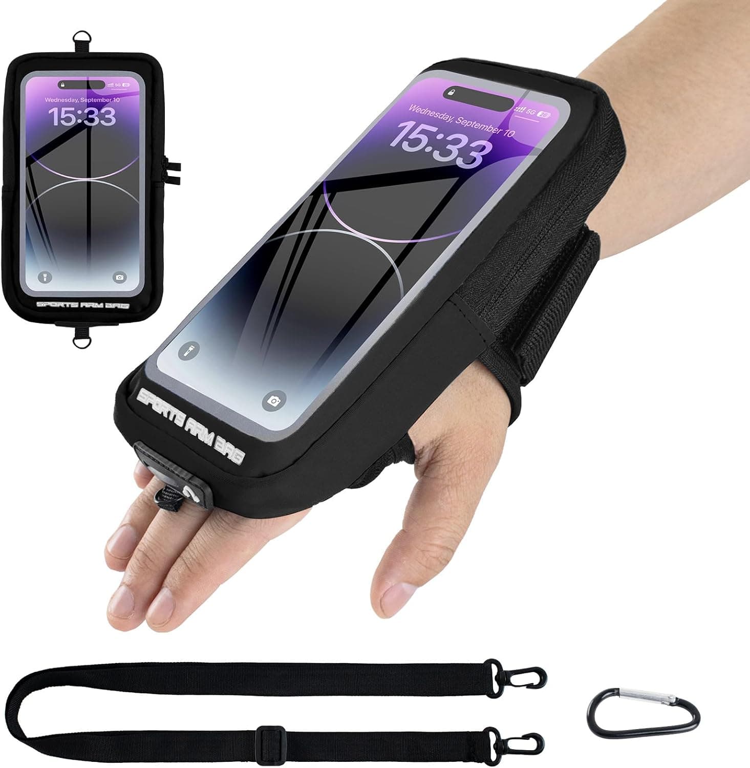 بند مچی نگهدارنده Phone برای Running، کیف Phone کراس‌بادی با محفظه شفاف Touchscreen برای Sport به همراه Carabiner Clip، بازوبند Cell Phone مناسب برای Fitness، Cycling و Hiking (مشکی)