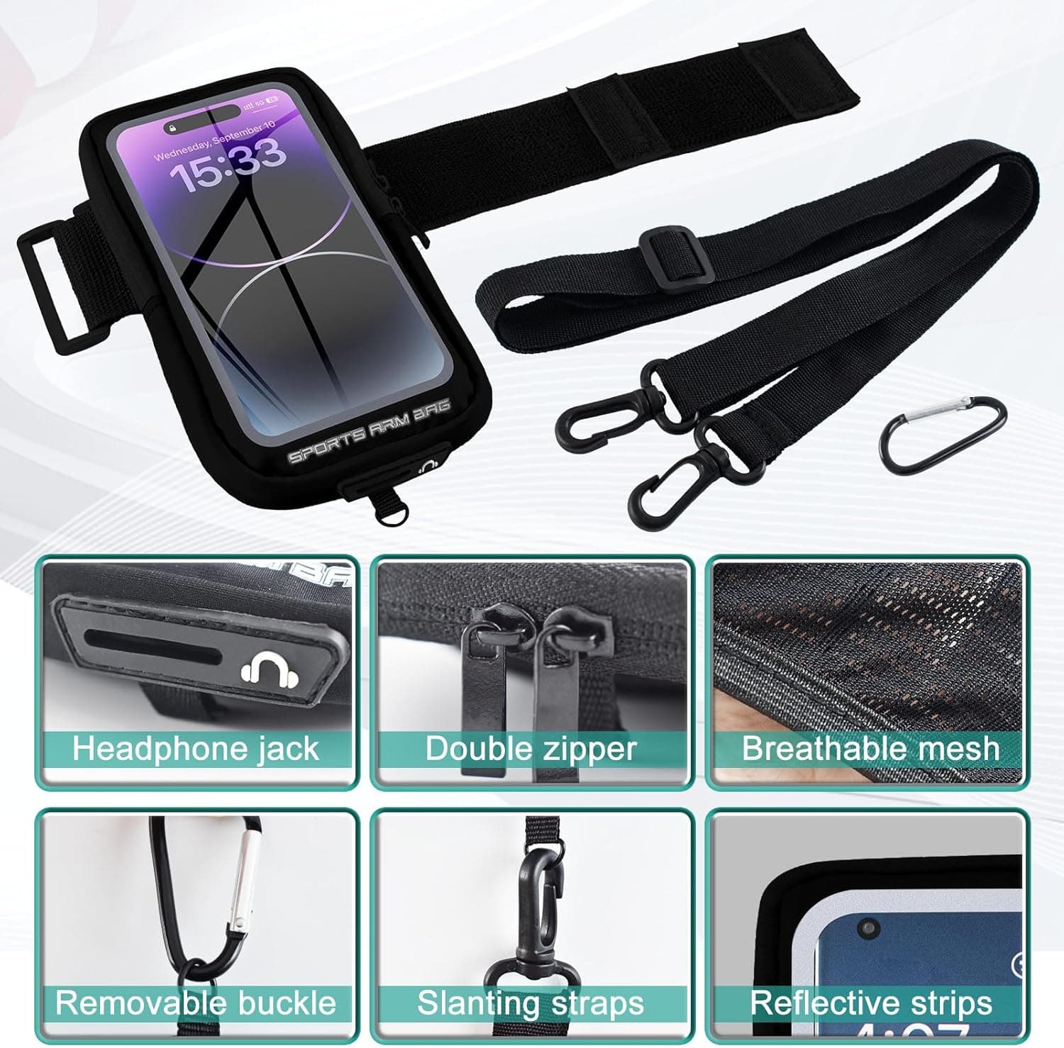 بند مچی نگهدارنده Phone برای Running، کیف Phone کراس‌بادی با محفظه شفاف Touchscreen برای Sport به همراه Carabiner Clip، بازوبند Cell Phone مناسب برای Fitness، Cycling و Hiking (مشکی) 3440