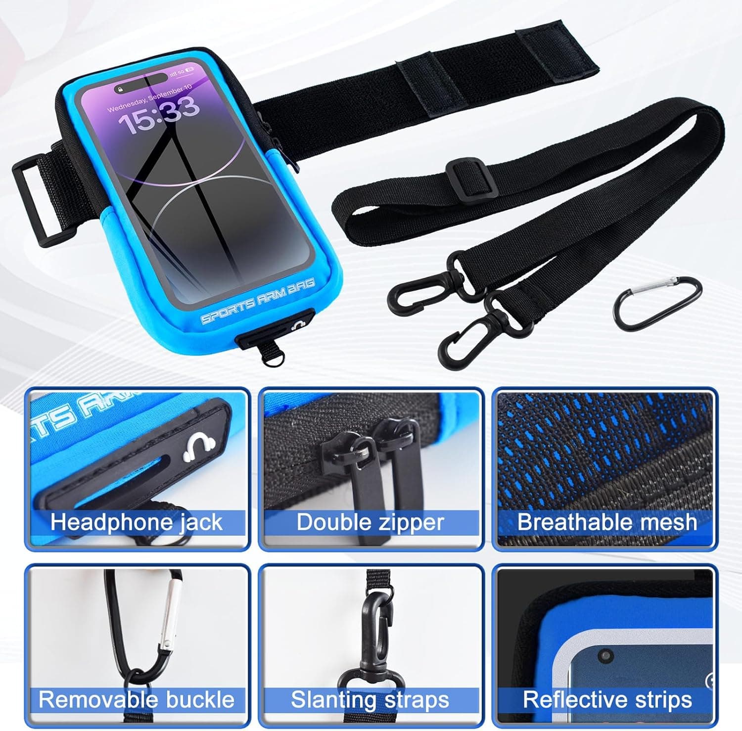 بند مچی نگهدارنده Phone برای Running، کیف Phone کراس‌بادی با محفظه شفاف Touchscreen برای Sport به همراه گیره Carabiner، بازوبند Cell Phone مناسب برای Fitness، Cycling و Hiking (آبی) 3447