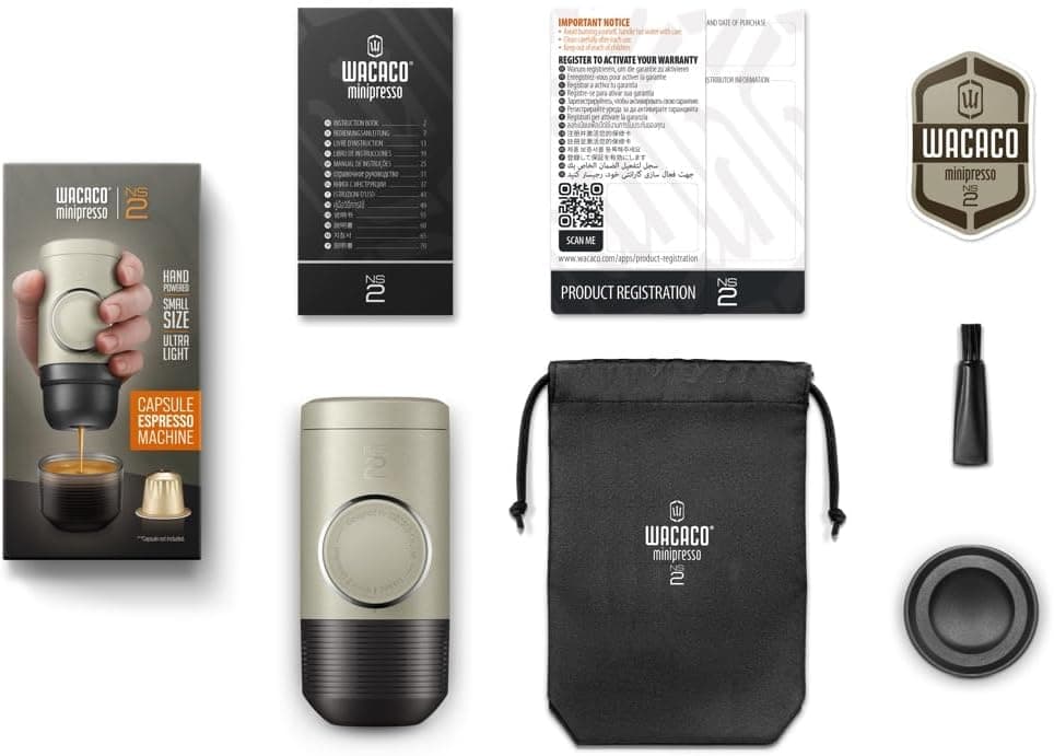 Wacaco MINIPRESSO NS2 - دستگاه اسپرسوساز قابل حمل برای کپسول‌های قهوه، دوستدار محیط زیست، ساخته شده با استفاده از Biomass، با قدرت عصاره‌گیری 18 Bar، فوق‌العاده سبک، دارای سیستم مخزن آب یکپارچه - بژ 3464