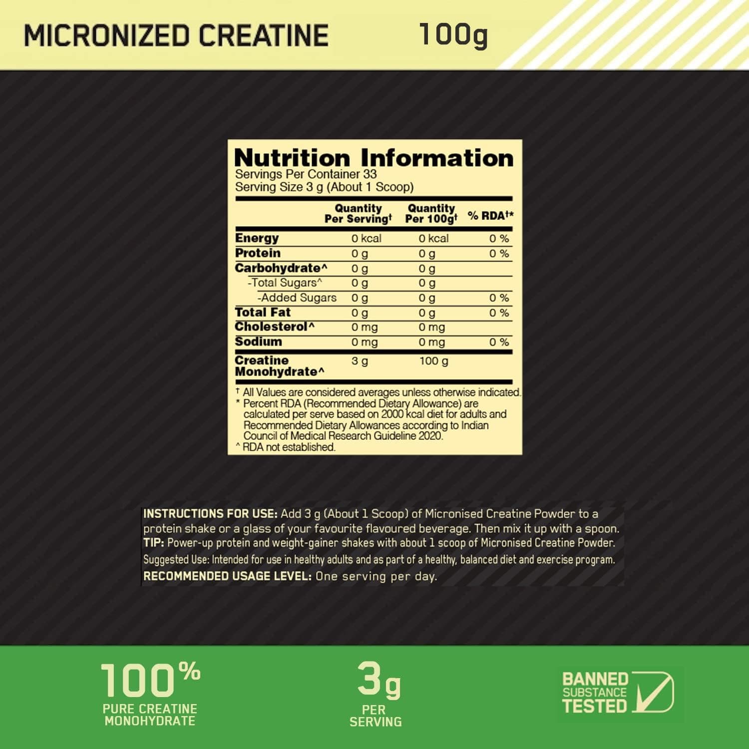 پودر Creatine Micronized Optimum Nutrition (ON) - 100 گرم، 33 سروینگ، 3 گرم Creatine Monohydrate 100% در هر سروینگ، پشتیبانی از عملکرد ورزشی و قدرت، بدون طعم. 3511
