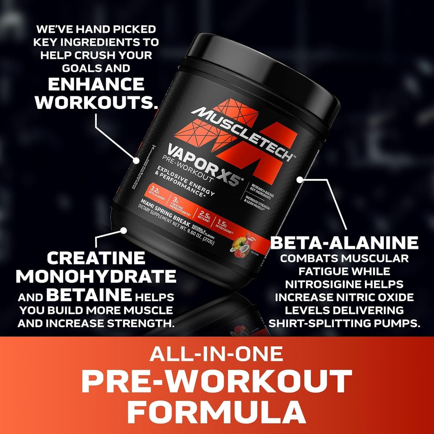 MuscleTech | Vapor X5 | پودر قبل از تمرین | انرژی پمپ عضلانی شدید | مکمل‌های تغذیه ورزشی عضله‌ساز برای زنان و مردان | Miami Spring Break | ۲۷۲ گرم | ۳۰ سروینگ 3519