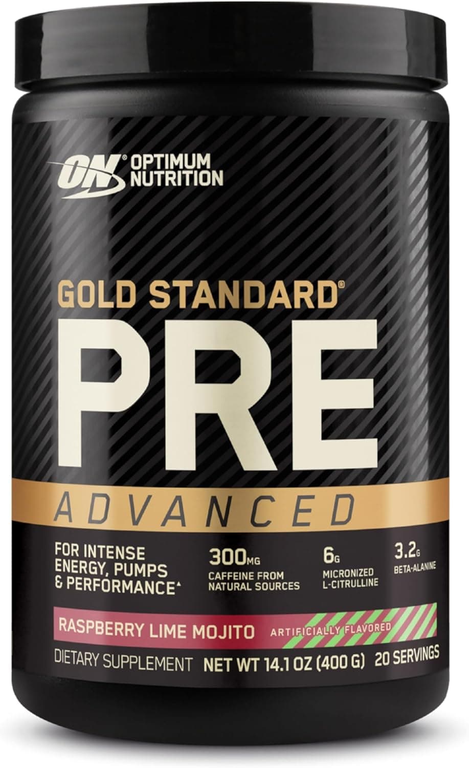 پیش‌تمرین Optimum Nutrition Gold Standard Pre Workout Advanced، حاوی Creatine، Beta-Alanine، Micronized L-Citrulline و Caffeine برای افزایش انرژی، سازگار با رژیم Keto، طعم Raspberry Lime Mojito، ۲۰ وعده مصرف