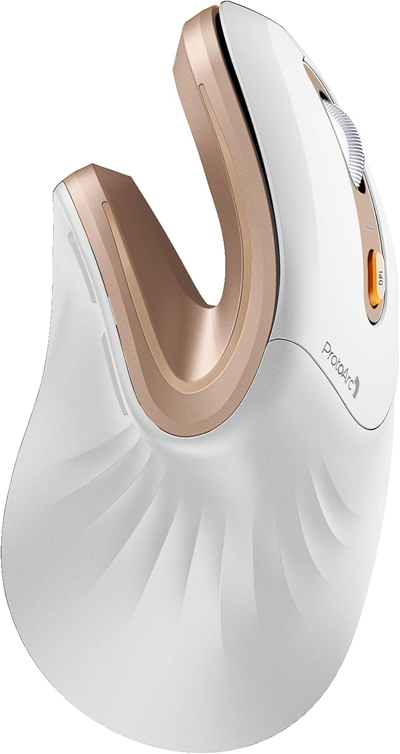 ماوس ارگونومیک ProtoArc، مدل EM11 NL، ماوس عمودی بی‌سیم بلوتوثی قابل شارژ، با قابلیت اتصال به 3 دستگاه مختلف برای Computer/PC/Laptop، ماوس اپتیکال 2.4GHz برای Windows و Mac OS، رنگ سفید طلایی