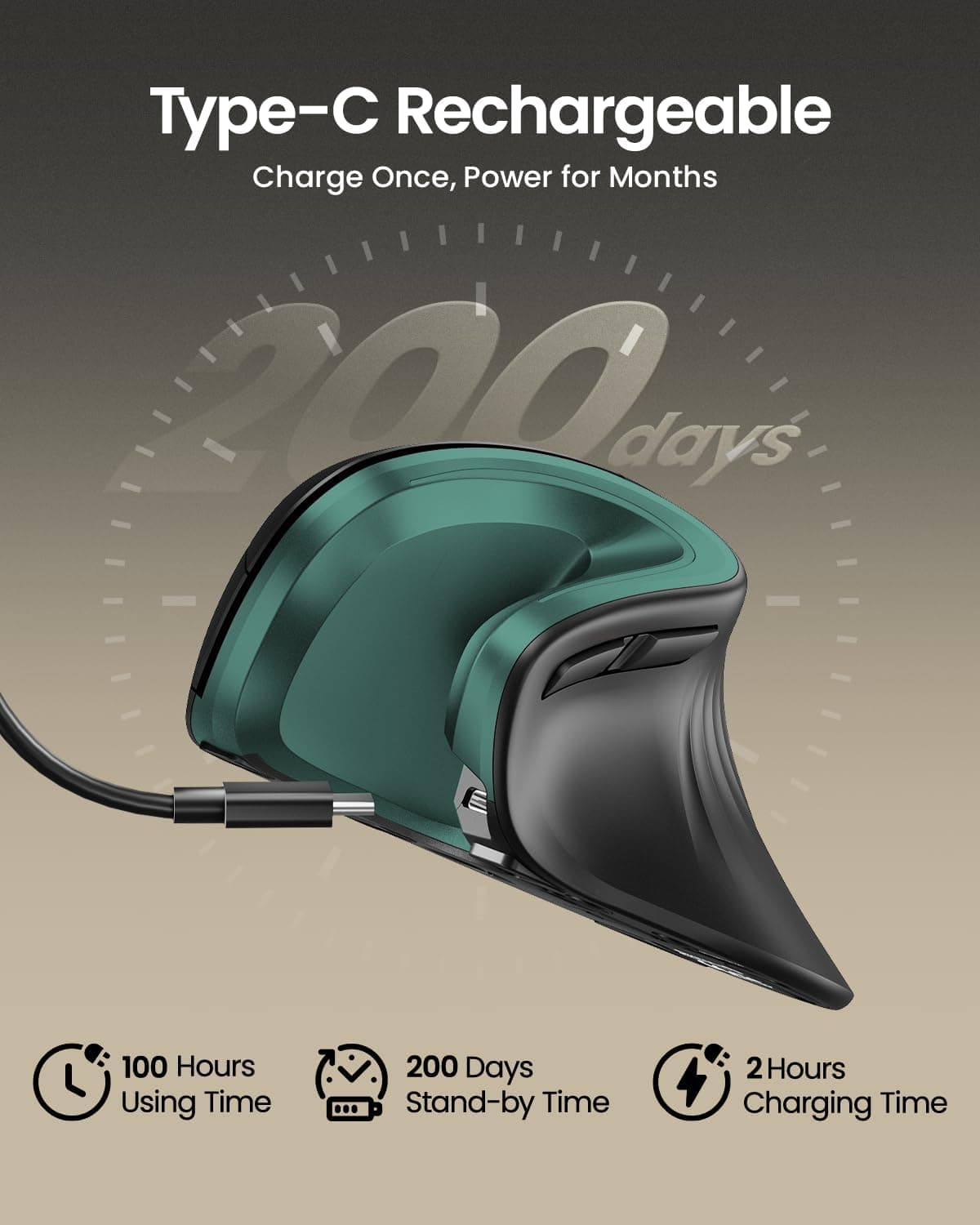 ماوس ارگونومیک ProtoArc، ماوس عمودی بی‌سیم EM11 NL، ماوس ارگو با قابلیت اتصال به چند دستگاه، ماوس قابل شارژ از طریق USB-C برای Windows، Mac OS، رایانه شخصی/نوت‌بوک/لپ‌تاپ، سبز 3569