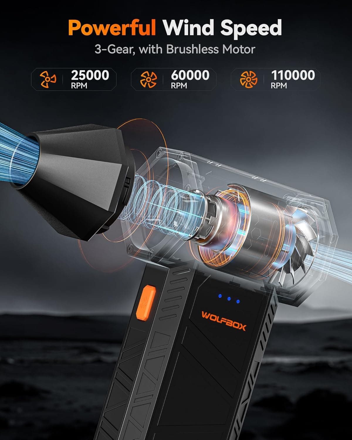 گردگیر برقی WOLFBOX مدل MegaFlow 50 با سرعت 110000RPM، دمنده مینی 3 حالته قابل تنظیم، بی‌سیم، شارژ سریع، مناسب برای گردگیری و حذف گرد و غبار در کامپیوترها، کیبوردها، خودروها، منازل و فضاهای بیرونی 3594