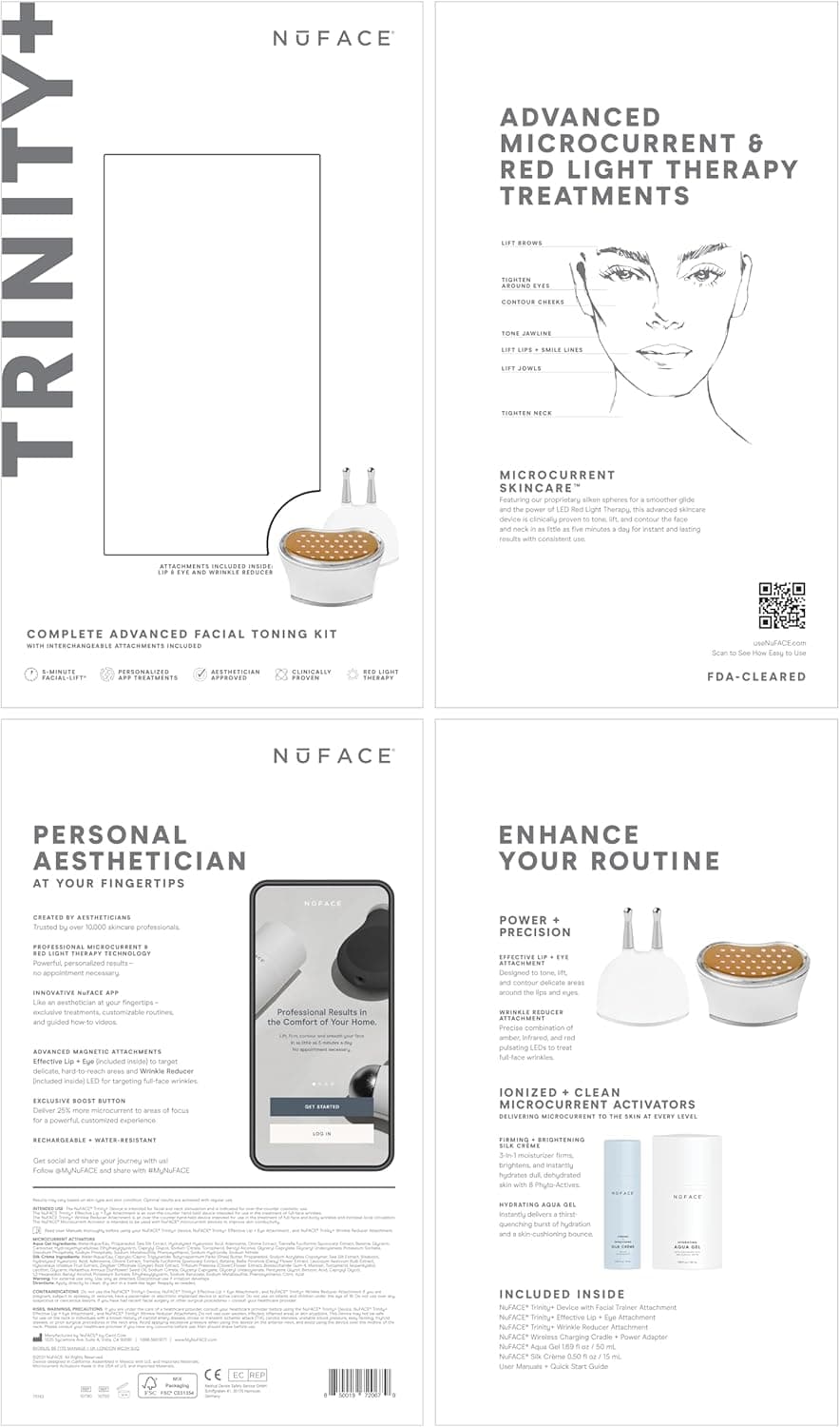 دستگاه صورت NuFACE TRINITY+ با جریان Microcurrent – کاهش‌دهنده چین و چروک با سری مخصوص لب و چشم، تأیید شده توسط FDA برای سفت کردن و فرم‌دهی هدفمند صورت، همراه با ژل فعال‌کننده Microcurrent و کرم ابریشمی.
