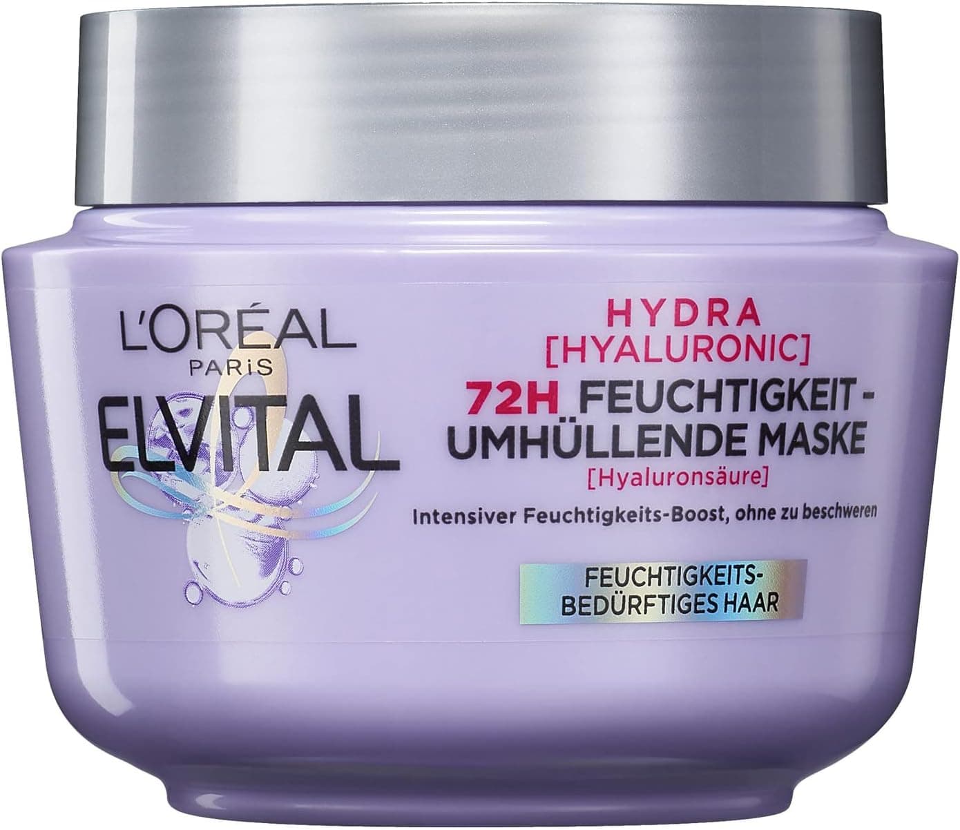 ماسک مو L'Oréal Paris Elvital Moisturising – مناسب برای موهای درخشان، درمان عمیق با Hyaluronic Acid برای افزایش رطوبت، سری Hydra Hyaluronic، حجم ۳۰۰ میلی‌لیتر.