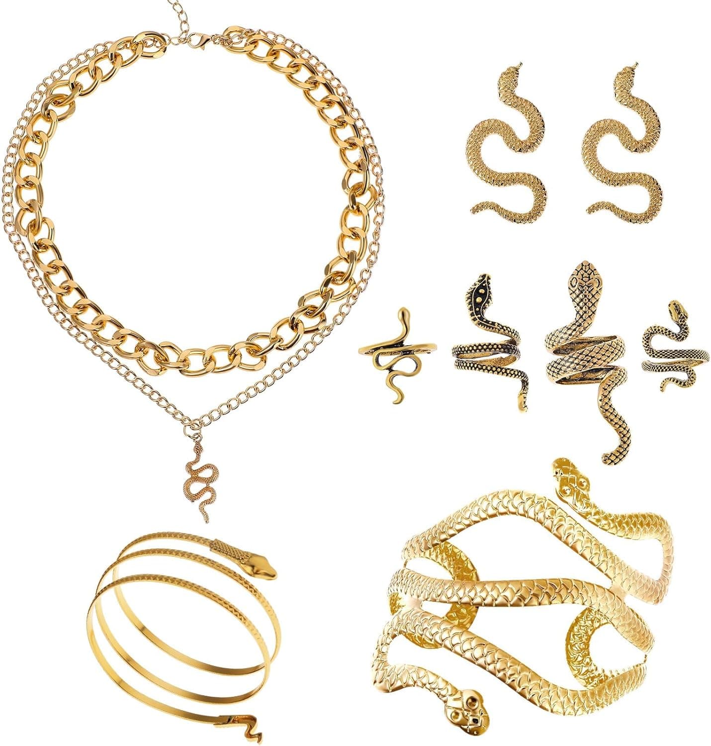 ست جواهرات مار NALACAL برای زنان به سبک مصری – شامل گردنبند، گوشواره، دستبند، النگو و انگشتر، ست انگشتر مار شخصی‌سازی‌شده به سبک پانک، مناسب برای نقش‌آفرینی و کارناوال – ۸ تکه.