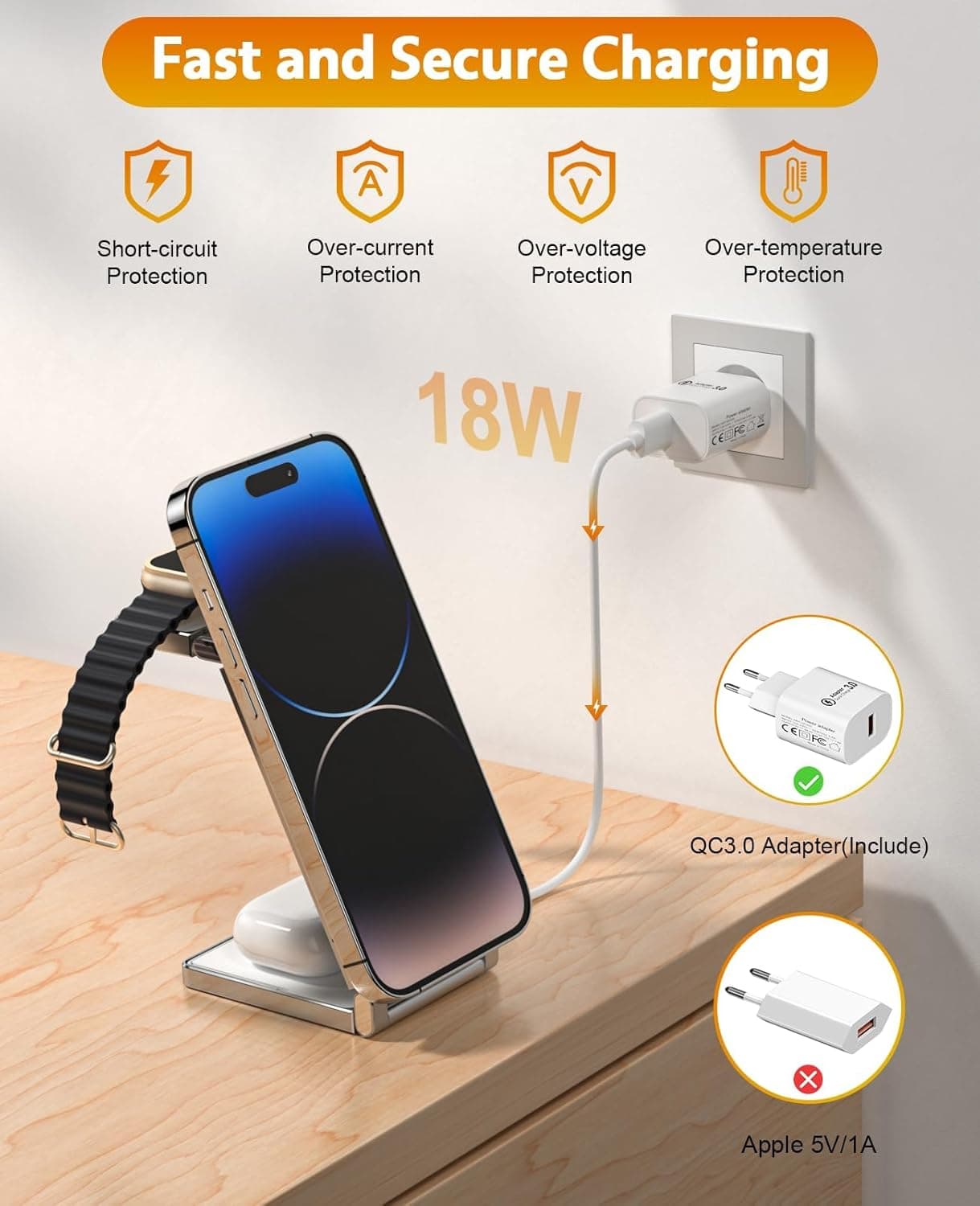 ایستگاه شارژ بی‌سیم ۳ در ۱ KASTWAVE – پایه شارژ برای iPhone 12/13/14/15 Pro Max/Mini، Apple Watch و AirPods، پایه شارژ تاشو و قابل حمل. 484