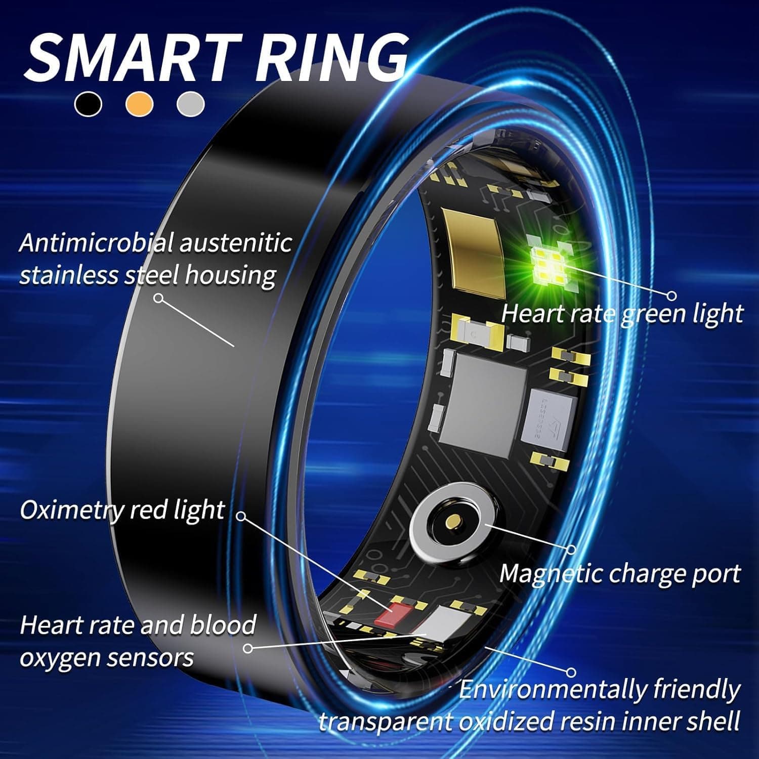 حلقه هوشمند Smart Ring Health Tracker – حلقه تناسب اندام با ردیاب خواب و گام‌ها، حلقه سلامت ضدآب از جنس استیل ضدزنگ با مانیتور ضربان قلب، همراه با کیس شارژ، رنگ مشکی، سایز ۹. 503