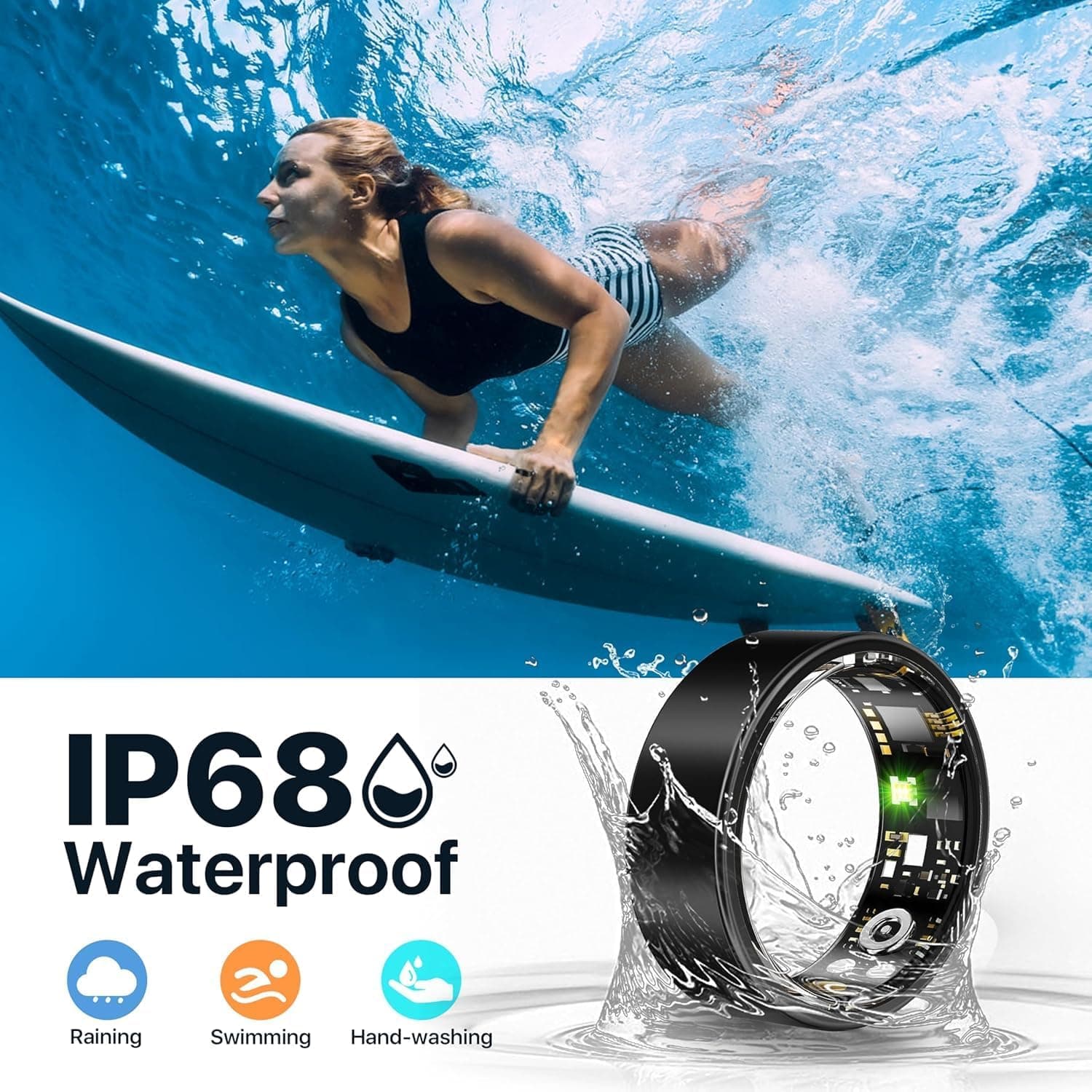 حلقه هوشمند Smart Ring Health Tracker – حلقه تناسب اندام با ردیاب خواب و گام‌ها، حلقه سلامت ضدآب از جنس استیل ضدزنگ با مانیتور ضربان قلب، همراه با کیس شارژ، رنگ مشکی، سایز ۹. 504