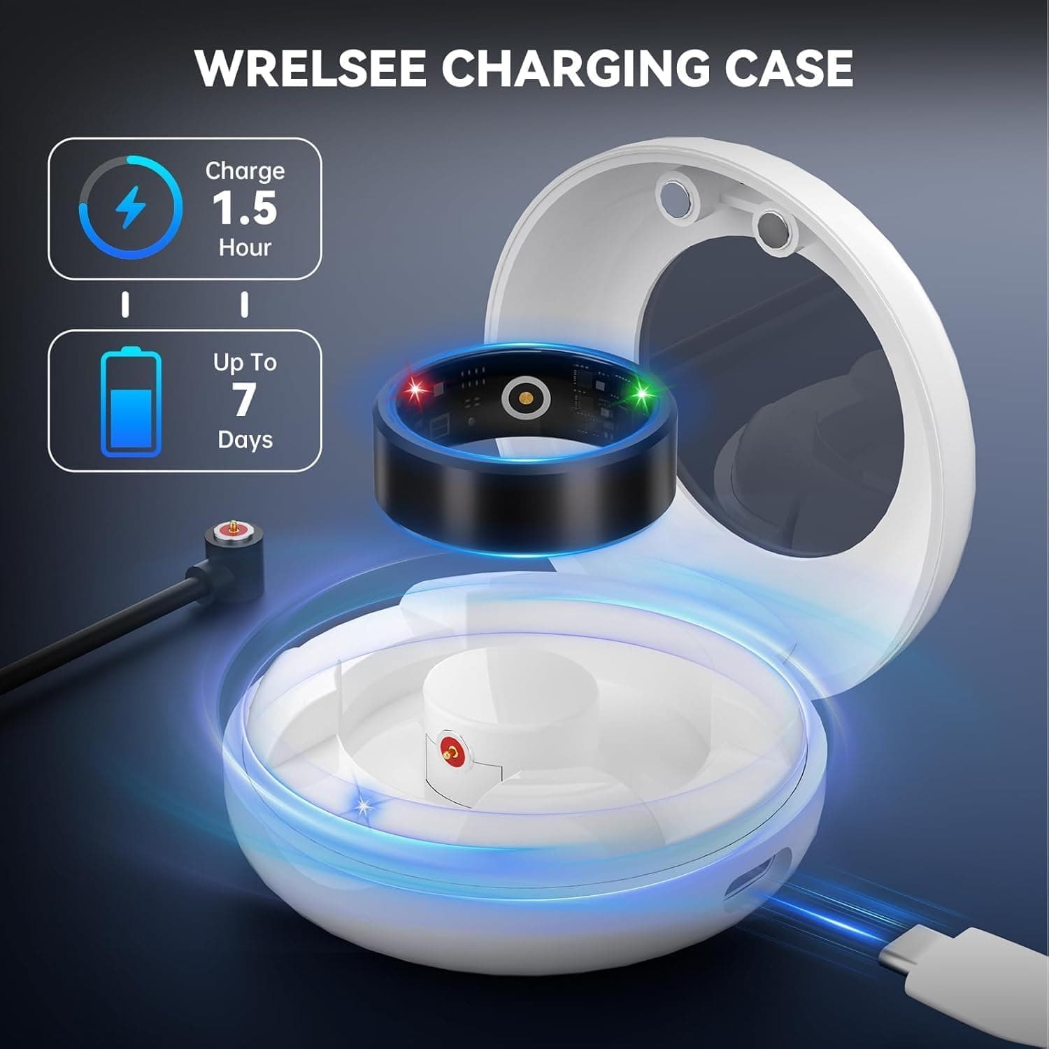 حلقه هوشمند Smart Ring Health Tracker – حلقه تناسب اندام با ردیاب خواب و گام‌ها، حلقه سلامت ضدآب از جنس استیل ضدزنگ با مانیتور ضربان قلب، همراه با کیس شارژ، رنگ مشکی، سایز ۹. 505