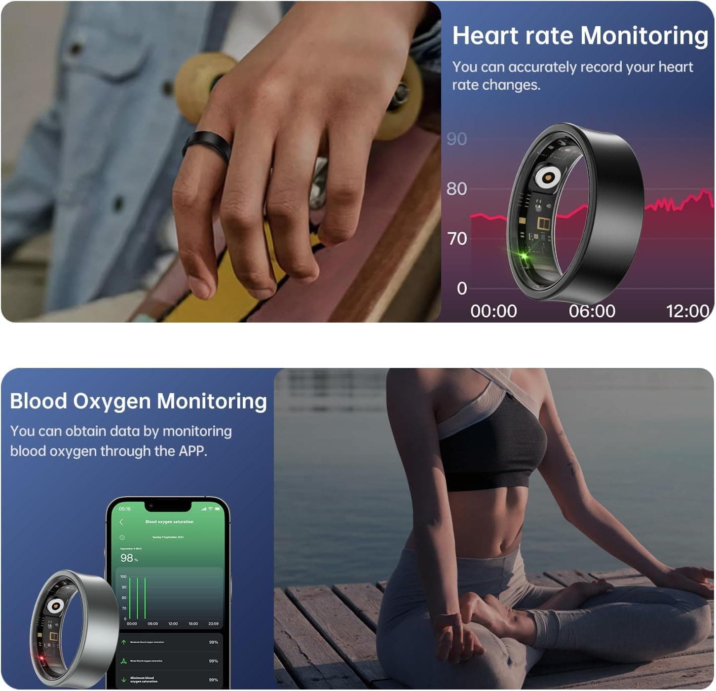 حلقه هوشمند Smart Ring Health Tracker – حلقه تناسب اندام با ردیاب خواب و گام‌ها، حلقه سلامت ضدآب از جنس استیل ضدزنگ با مانیتور ضربان قلب، همراه با کیس شارژ، رنگ مشکی، سایز ۹. 506