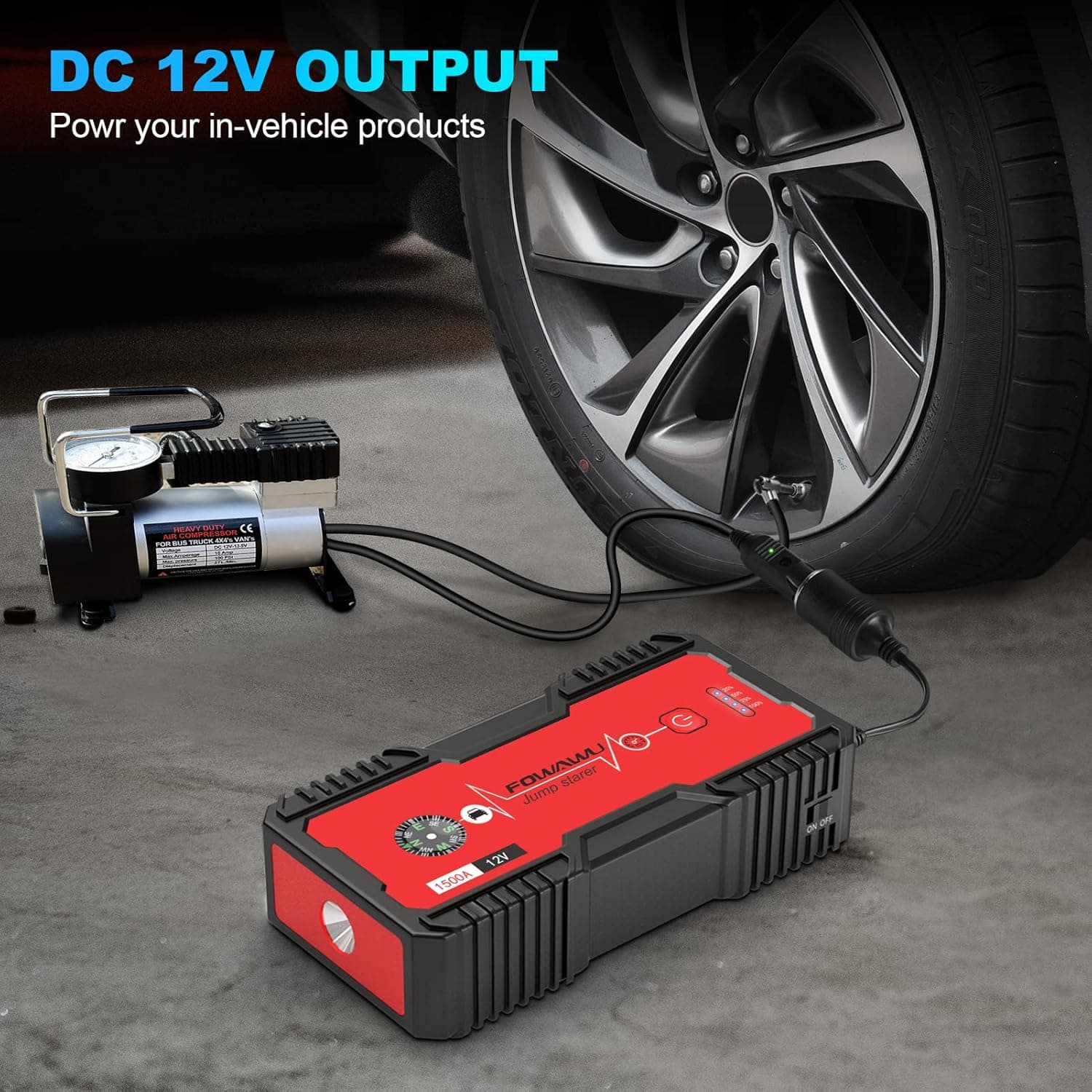 FOWAWU جامپ‌استارتر خودرو 18000mAh 1500A – ضدآب، مناسب برای موتورهای بنزینی 7.0 لیتری و دیزلی 5.5 لیتری، قابل‌حمل با پورت USB/DC 12V و چراغ LED، جریان 1500 آمپر – رنگ قرمز. 580