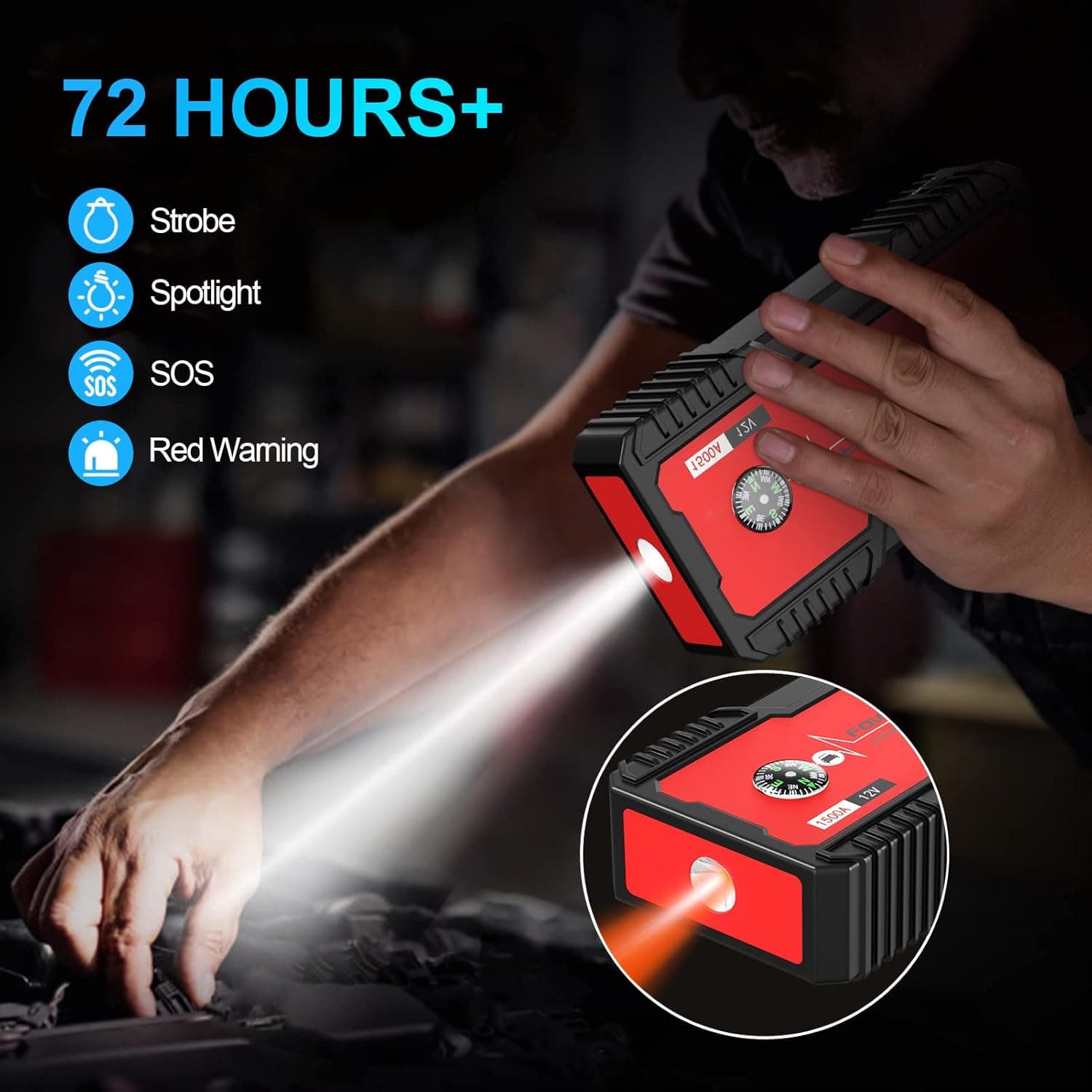 FOWAWU جامپ‌استارتر خودرو 18000mAh 1500A – ضدآب، مناسب برای موتورهای بنزینی 7.0 لیتری و دیزلی 5.5 لیتری، قابل‌حمل با پورت USB/DC 12V و چراغ LED، جریان 1500 آمپر – رنگ قرمز. 583