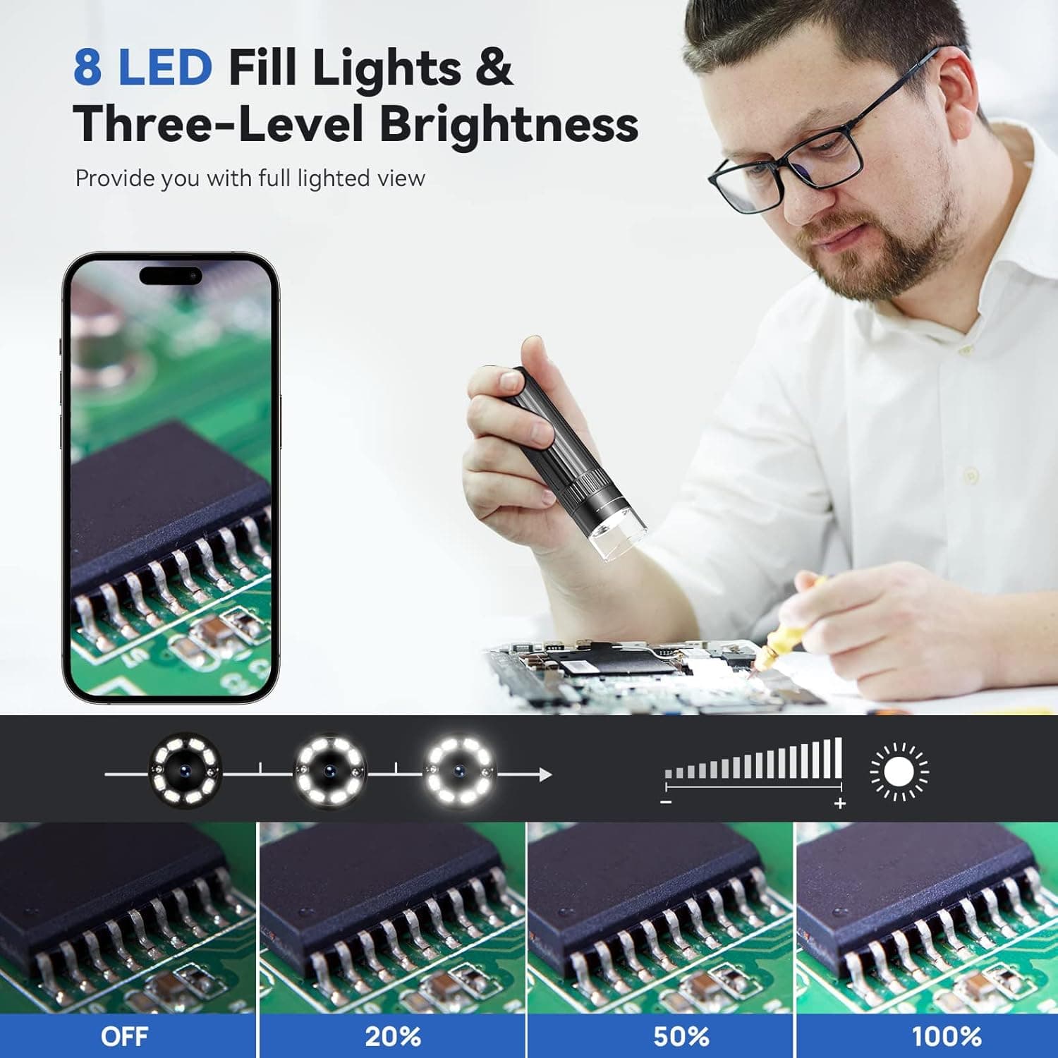 میکروسکوپ دیجیتال بی‌سیم Excefore – با بزرگ‌نمایی 50 تا 1000 برابر و وضوح 1080P HD، قابل حمل و دستی با اتصال WiFi و USB، مناسب برای بررسی تریکوم، سکه و اشیای ریز، همراه با پایه نگهدارنده، سازگار با iPhone، iPad، گوشی‌های Android و کامپیوتر. 605