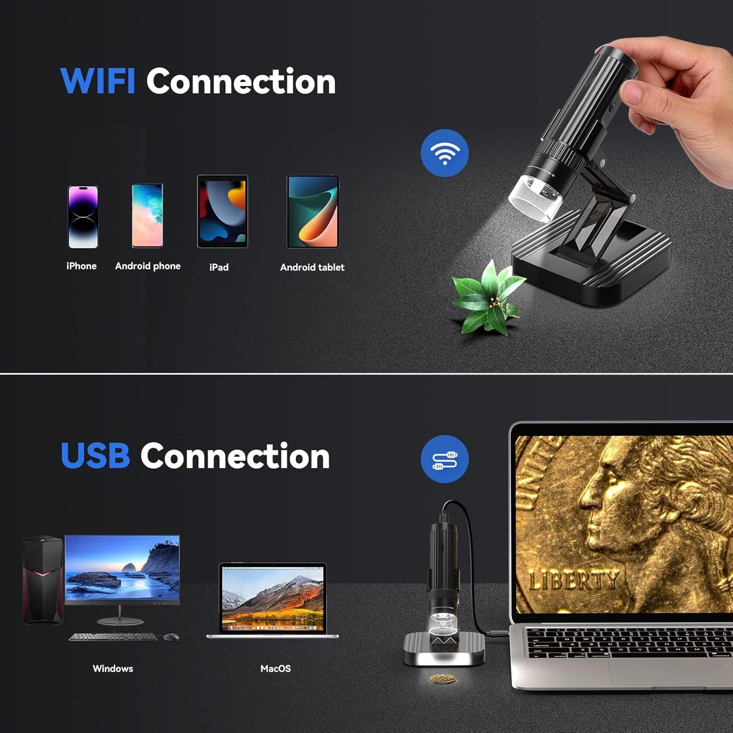 میکروسکوپ دیجیتال بی‌سیم Excefore – با بزرگ‌نمایی 50 تا 1000 برابر و وضوح 1080P HD، قابل حمل و دستی با اتصال WiFi و USB، مناسب برای بررسی تریکوم، سکه و اشیای ریز، همراه با پایه نگهدارنده، سازگار با iPhone، iPad، گوشی‌های Android و کامپیوتر. 606