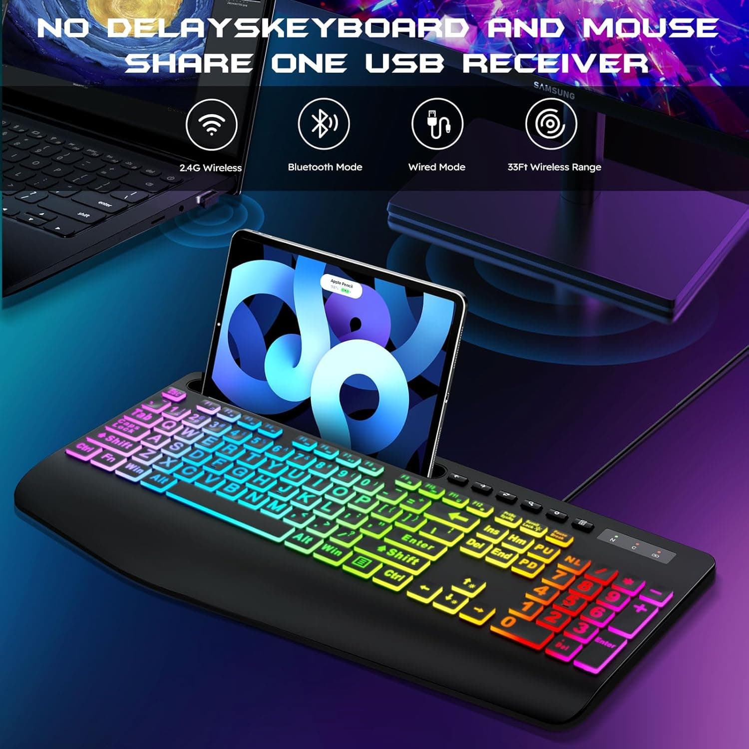 ست کیبورد و ماوس بی‌سیم Garlo – کیبورد غشایی بی‌صدا با حس مکانیکی، اندازه کامل (Full-Size) با اتصال Bluetooth، 2.4GHz و سیمی، دارای نور پس‌زمینه RGB و استراحت‌گاه ارگونومیک مچ دست، مناسب برای کامپیوتر، لپ‌تاپ، Mac و PS5. 793