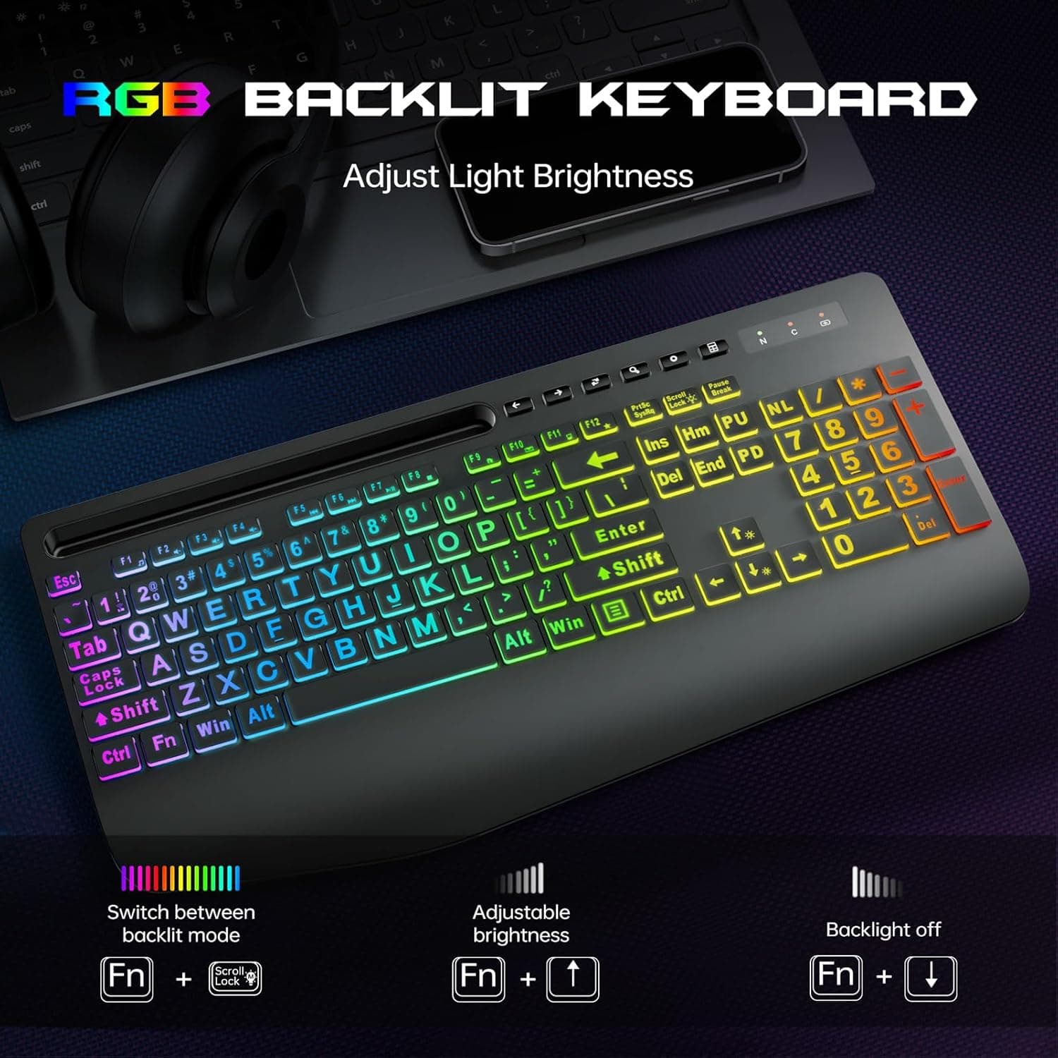 ست کیبورد و ماوس بی‌سیم Garlo – کیبورد غشایی بی‌صدا با حس مکانیکی، اندازه کامل (Full-Size) با اتصال Bluetooth، 2.4GHz و سیمی، دارای نور پس‌زمینه RGB و استراحت‌گاه ارگونومیک مچ دست، مناسب برای کامپیوتر، لپ‌تاپ، Mac و PS5. 797