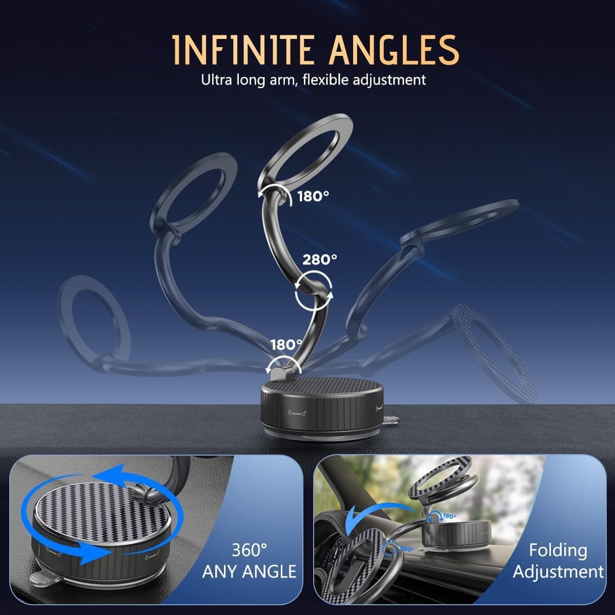 هولدر مغناطیسی گوشی برای خودرو – با پایه مکنده (Suction Cup) و قابلیت چرخش در زوایای بی‌نهایت، پایه تاشو مناسب برای شیشه جلو، میز یا سطوح صاف، سازگار با تمام گوشی‌های هوشمند. 806