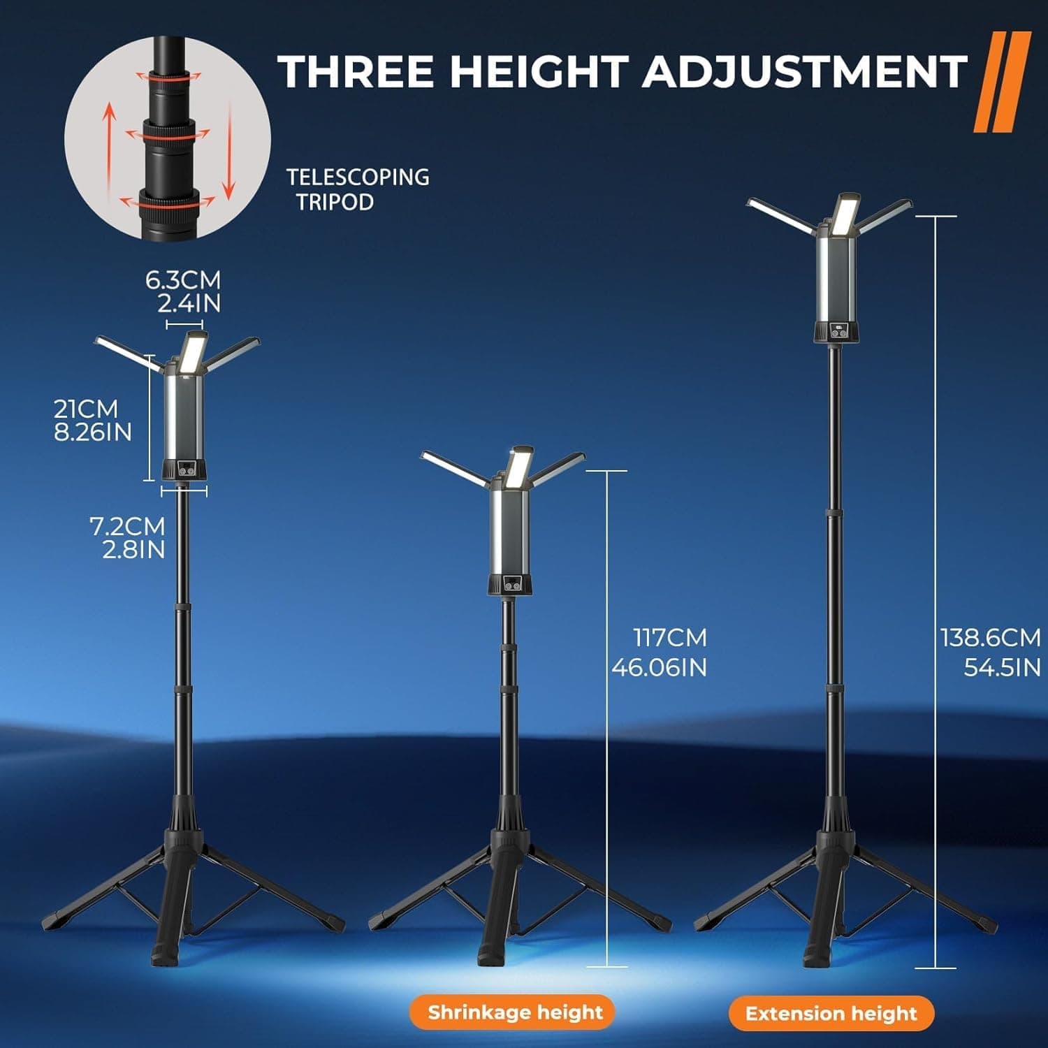 چراغ کار قابل شارژ و چراغ کمپینگ فضای باز – دارای نور LED بی‌سیم با پایه ایستاده قابل جدا شدن (Tripod)، قلاب آویز و کیف حمل، با قابلیت تنظیم روشنایی تا ۵۰۰ / ۱۰۰۰ / ۲۰۰۰ لومن و دمای رنگ قابل تغییر بین ۳۵۰۰ تا ۶۵۰۰ کلوین (Dimmable). 812