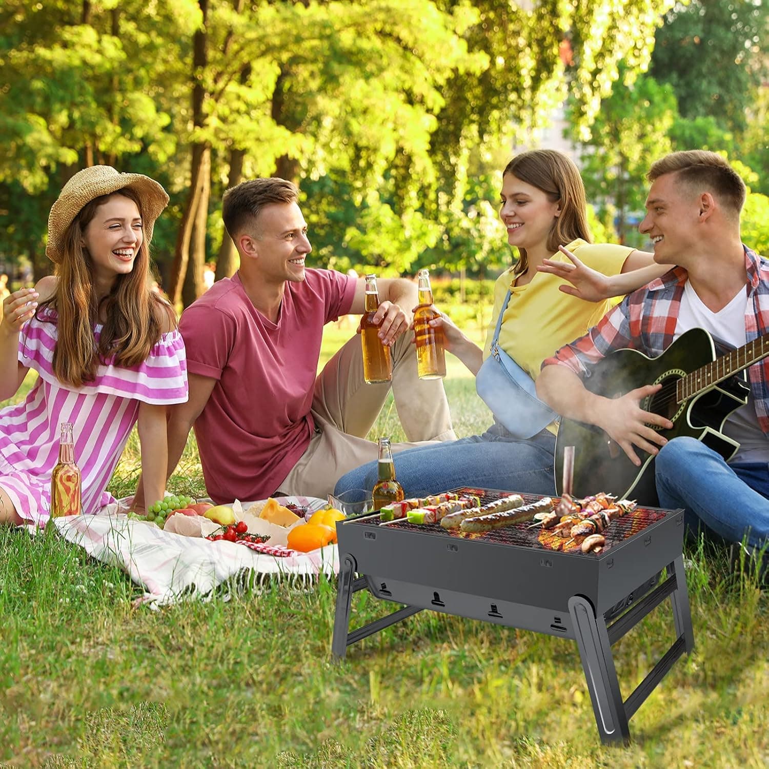 Kizmyee BBQ Grill ذغالی قابل‌حمل – مناسب برای فضای باز، تاشو و استیل ضدزنگ، قابل استفاده روی میز یا زمین، ایده‌آل برای پیک‌نیک، باغ، تراس، کمپ و سفر. ابعاد: ۱۵.۳۵ × ۱۱.۴۱ × ۲.۹۵ اینچ. 829