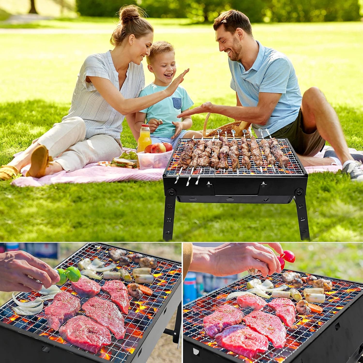 Kizmyee BBQ Grill ذغالی قابل‌حمل – مناسب برای فضای باز، تاشو و استیل ضدزنگ، قابل استفاده روی میز یا زمین، ایده‌آل برای پیک‌نیک، باغ، تراس، کمپ و سفر. ابعاد: ۱۵.۳۵ × ۱۱.۴۱ × ۲.۹۵ اینچ. 830