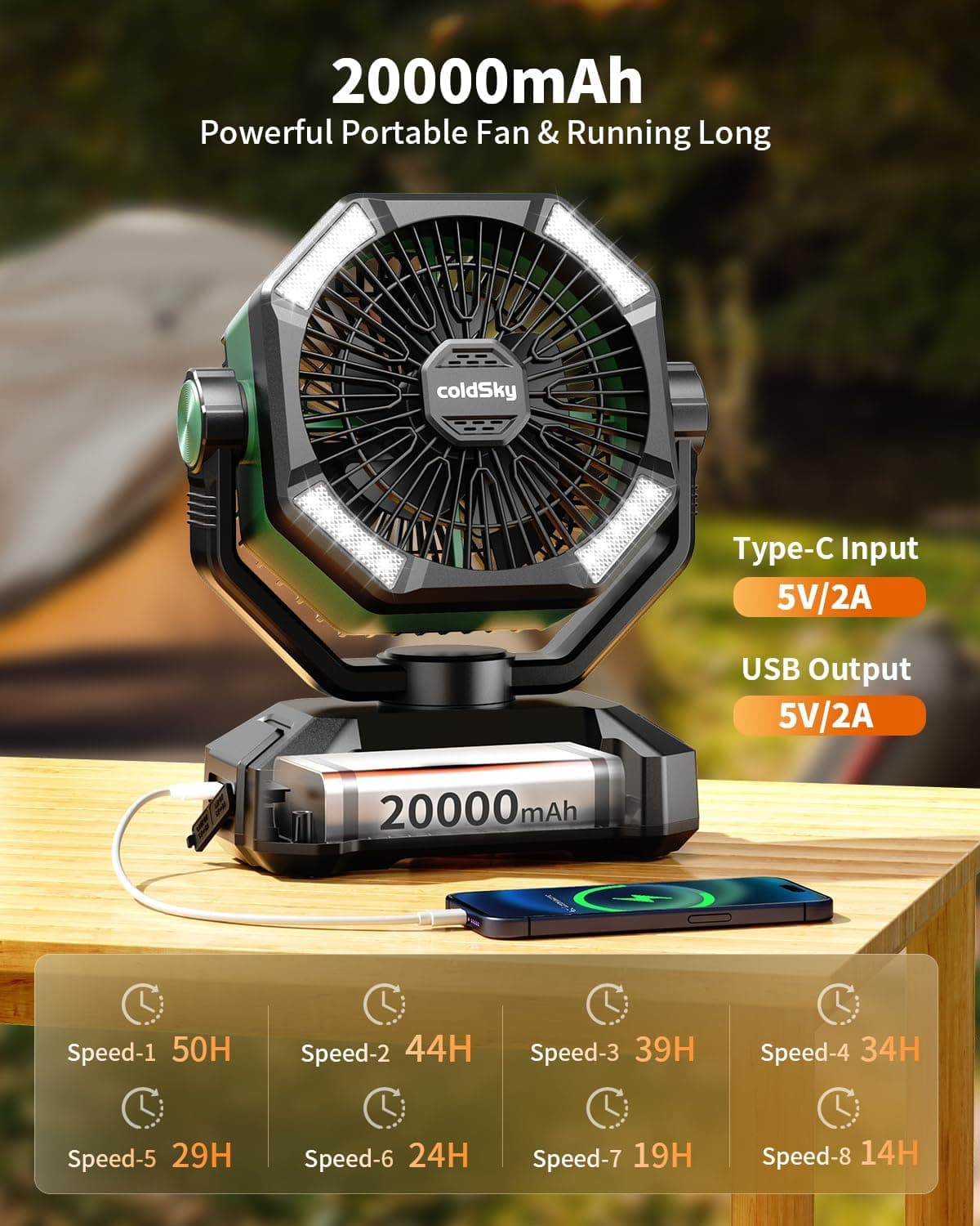 پنکه کمپینگ coldSky با ظرفیت باتری 20000 میلی‌آمپر ساعت – دارای دو موتور، چراغ LED چهارحالته، 8 سرعت مختلف و ریموت کنترل، قابل‌حمل و مناسب برای چادر، قطعی برق یا محل کار، همراه با قلاب آویز – رنگ سبز. 834