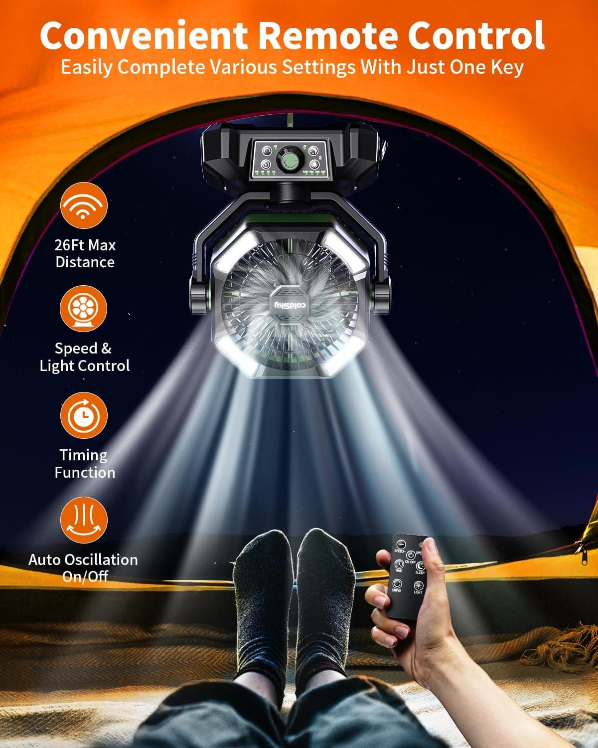 پنکه کمپینگ coldSky با ظرفیت باتری 20000 میلی‌آمپر ساعت – دارای دو موتور، چراغ LED چهارحالته، 8 سرعت مختلف و ریموت کنترل، قابل‌حمل و مناسب برای چادر، قطعی برق یا محل کار، همراه با قلاب آویز – رنگ سبز. 835