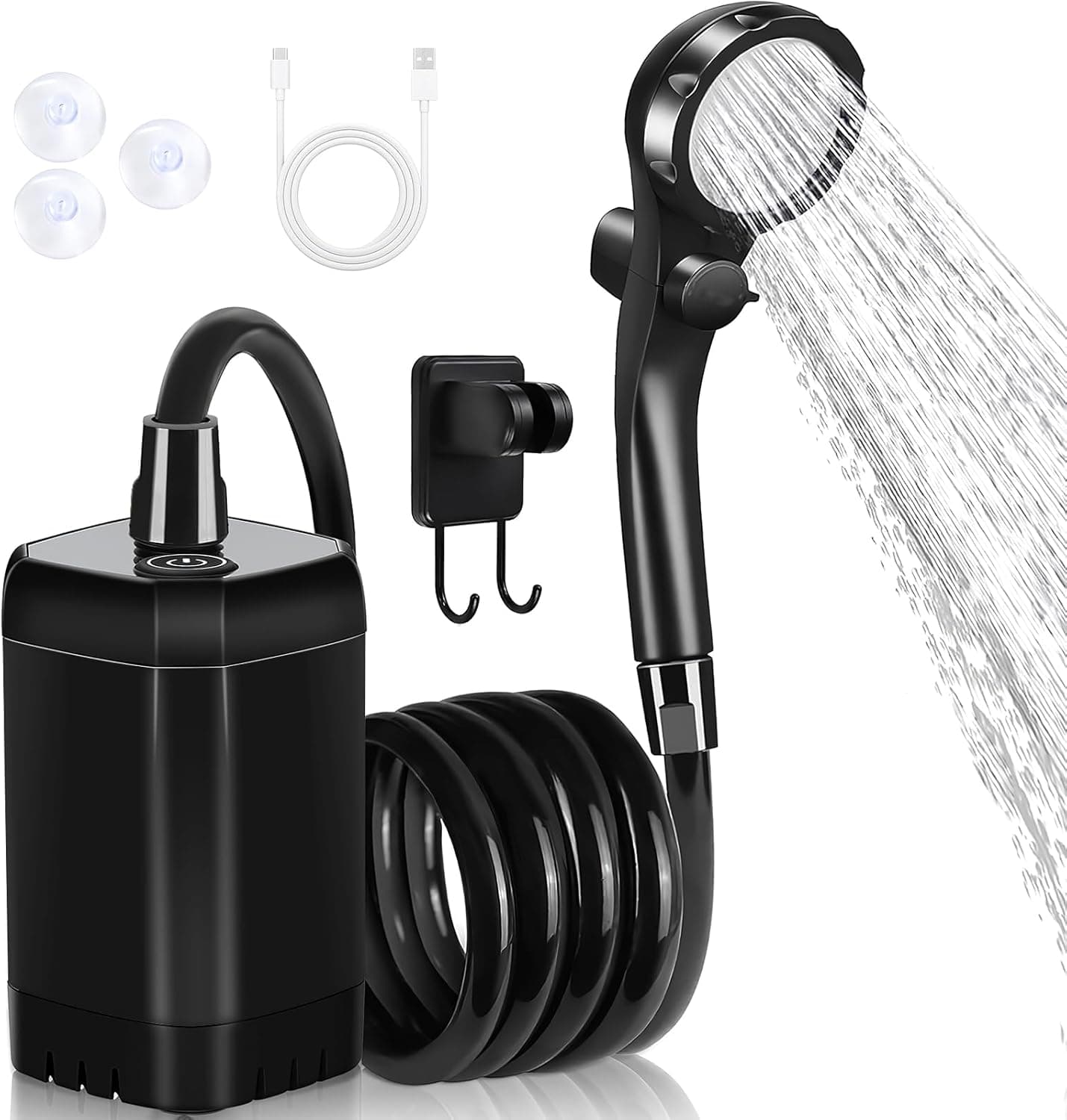 دوش قابل حمل Ponicozy Portable Camping Shower – پمپ برقی قابل شارژ با ظرفیت 6000 میلی‌آمپر ساعت، دارای نمایشگر دیجیتال هوشمند و سری دوش، مناسب برای کمپینگ، پیاده‌روی، سفر با RV و شستشوی حیوانات خانگی.