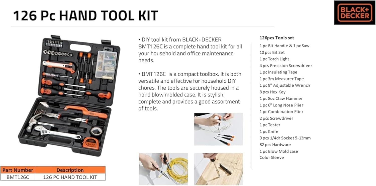 کیت ابزار دستی Black & Decker – شامل ۱۲۶ قطعه در جعبه ابزار، مناسب برای استفاده خانگی، DIY و حرفهای، رنگ نارنجی/مشکی، مدل BMT126C، با ۲ سال گارانتی.