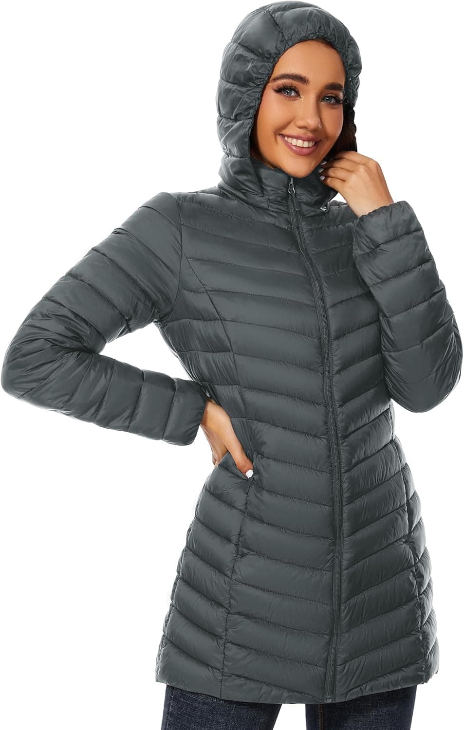 کاپشن زنانه ANOTHER CHOICE – دو رو (Reversible)، گرم و پفدار (Quilted Puffer)، دارای کلاه، مدل بلند و پددار (Long Hooded Padded Winter Coat)، مناسب برای زمستان.