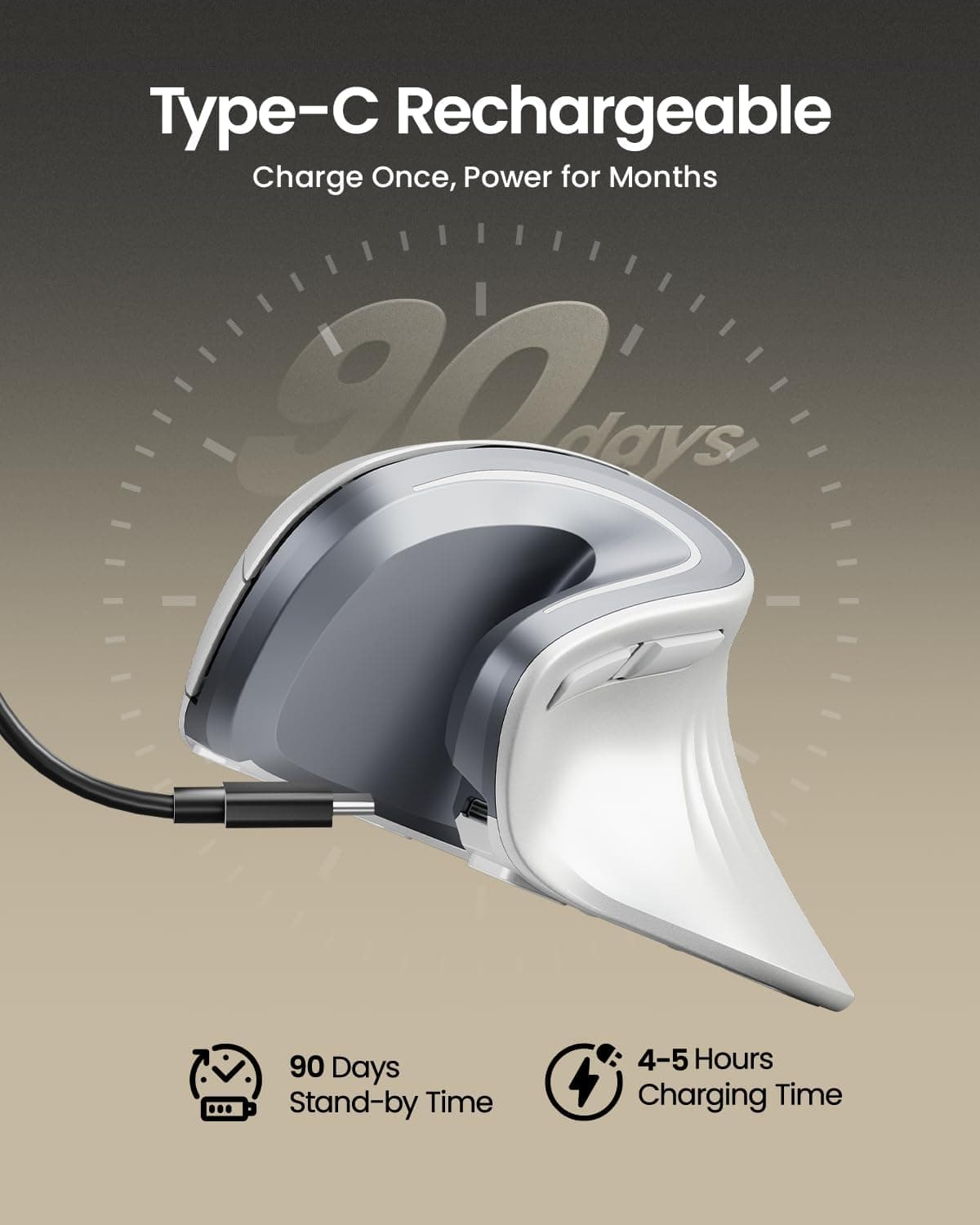 ماوس ارگونومیک ProtoArc مدل EM11 NL – بیسیم و عمودی (Vertical Mouse)، با قابلیت اتصال به چند دستگاه بهصورت همزمان، قابل شارژ از طریق USB-C، مناسب برای Windows، macOS، کامپیوتر، نوتبوک و لپتاپ – رنگ سفید.