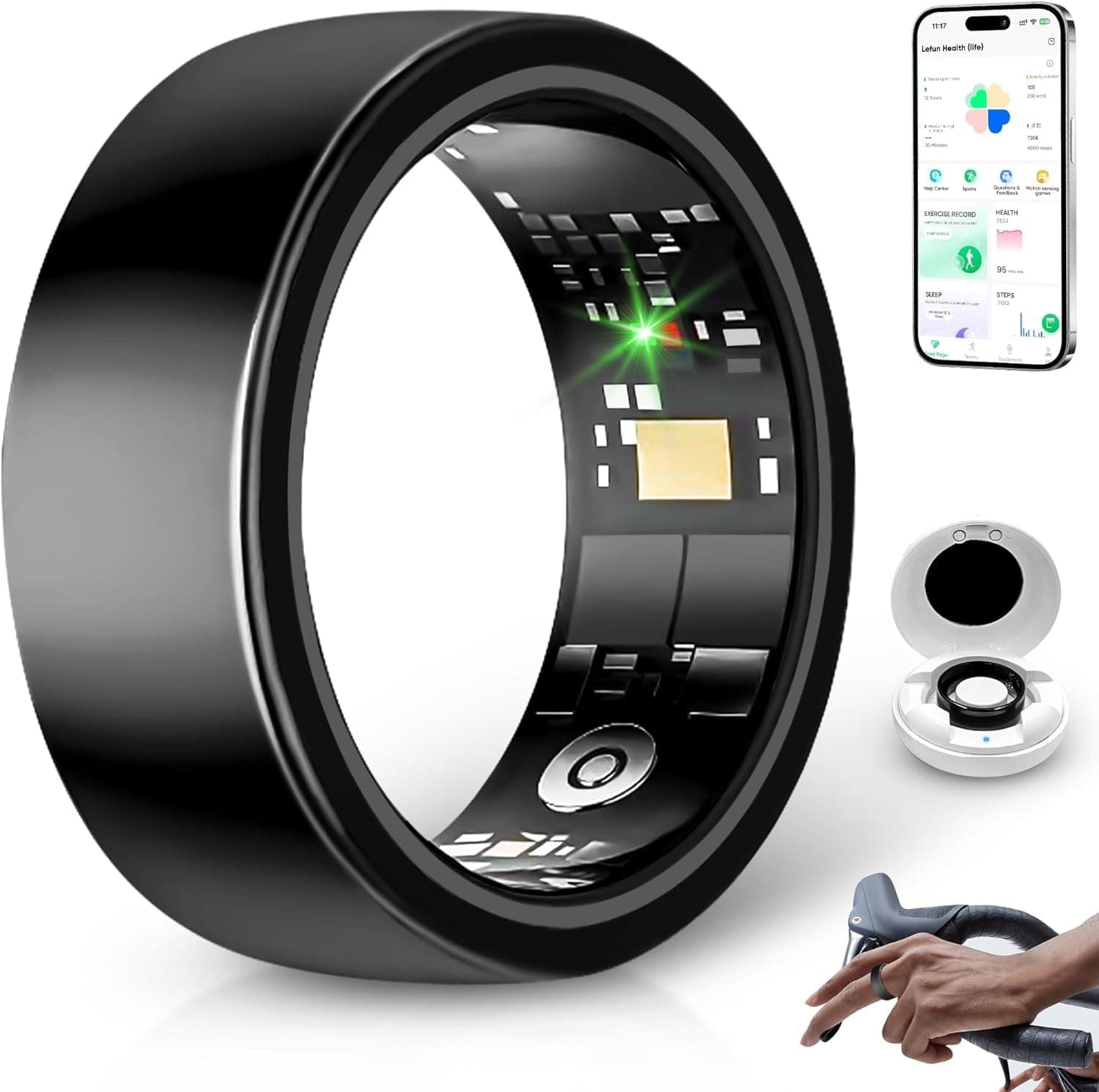 حلقه هوشمند Smart Ring Health Tracker – حلقه تناسب اندام با ردیاب خواب و گامها، حلقه سلامت ضدآب از جنس استیل ضدزنگ با مانیتور ضربان قلب، همراه با کیس شارژ، رنگ مشکی، سایز ۹.