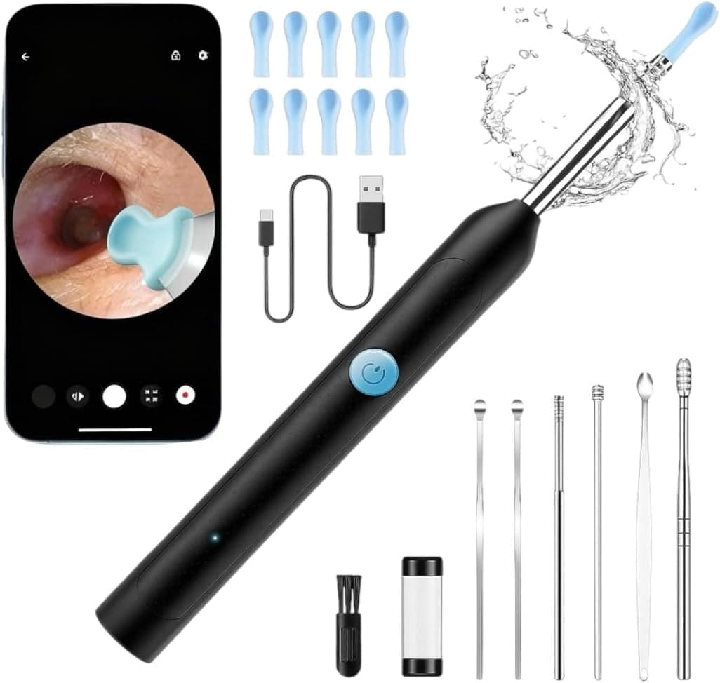 ابزار پاککننده جرم گوش با دوربین HD – شامل دوربین، ۶ چراغ LED، و ابزار تمیزکننده گوش، کیف کامل پاکسازی جرم گوش، شارژ از طریق USB و سازگار با Android و iPhone – رنگ مشکی.