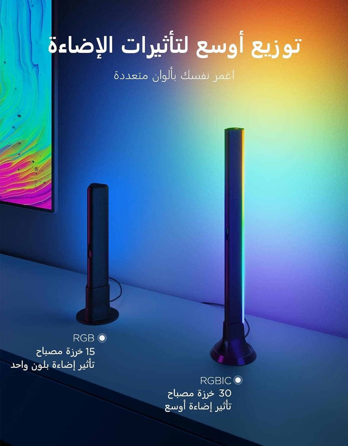 نورپردازی پشت تلویزیون Govee RGBIC Light Bars – طول 15 اینچ، WiFi، با دو ردیف LED، نورهای هوشمند با گزینههای نصب متعدد، مناسب برای تلویزیونهای 45 تا 70 اینچ، سازگار با Alexa و Google Assistant – رنگ مشکی.