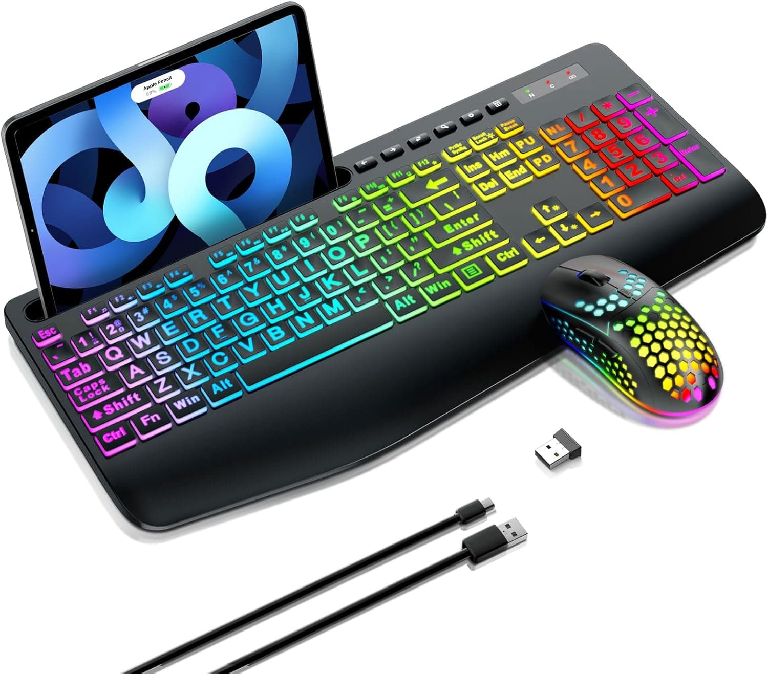ست کیبورد و ماوس بیسیم Garlo – کیبورد غشایی بیصدا با حس مکانیکی، اندازه کامل (Full-Size) با اتصال Bluetooth، 2.4GHz و سیمی، دارای نور پسزمینه RGB و استراحتگاه ارگونومیک مچ دست، مناسب برای کامپیوتر، لپتاپ، Mac و PS5.
